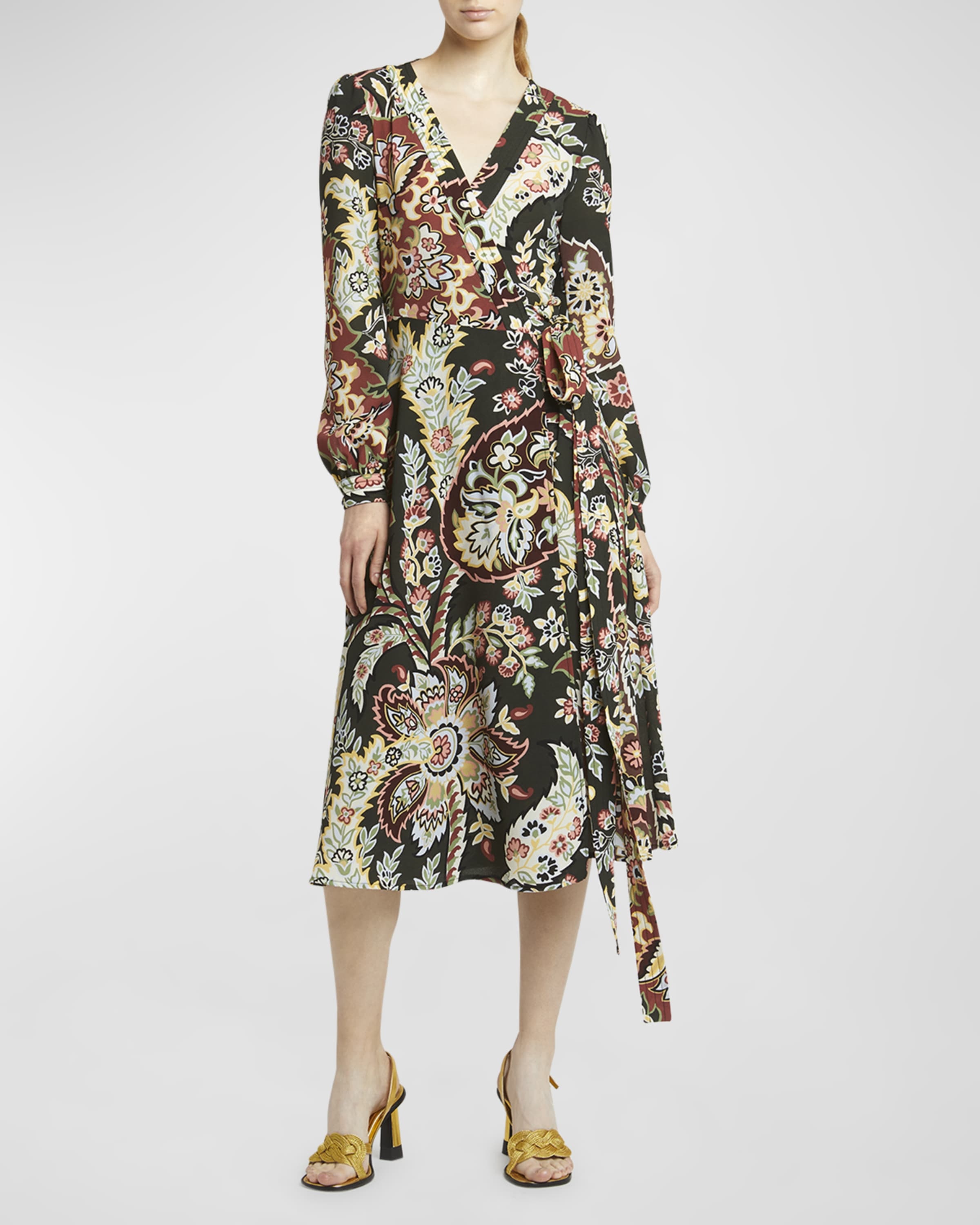 Blossom-Print Long-Sleeve Midi Wrap Dress - 2