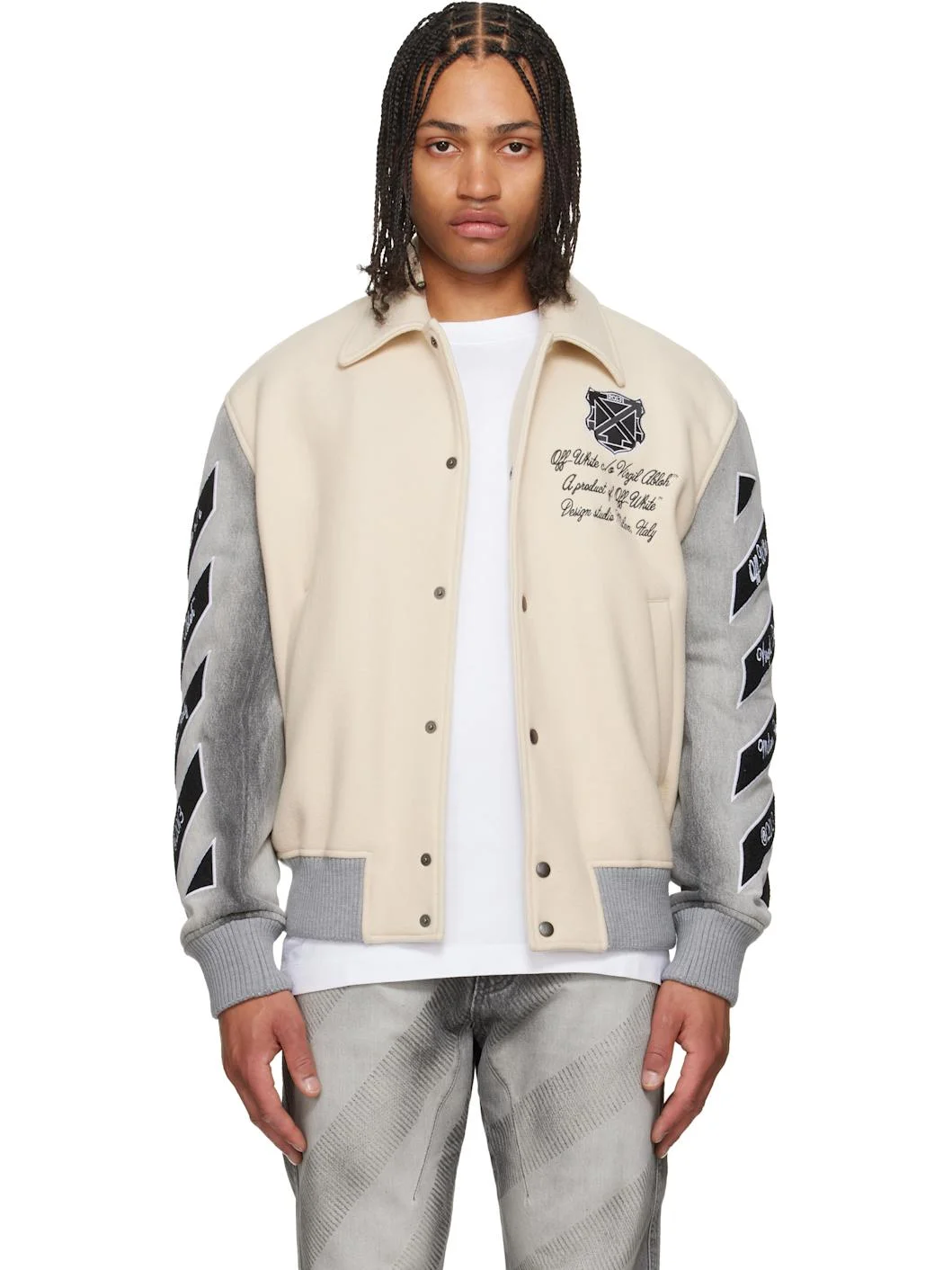 Off-White & Gray Wool Denim Relaxed Varsity Jacket - 1