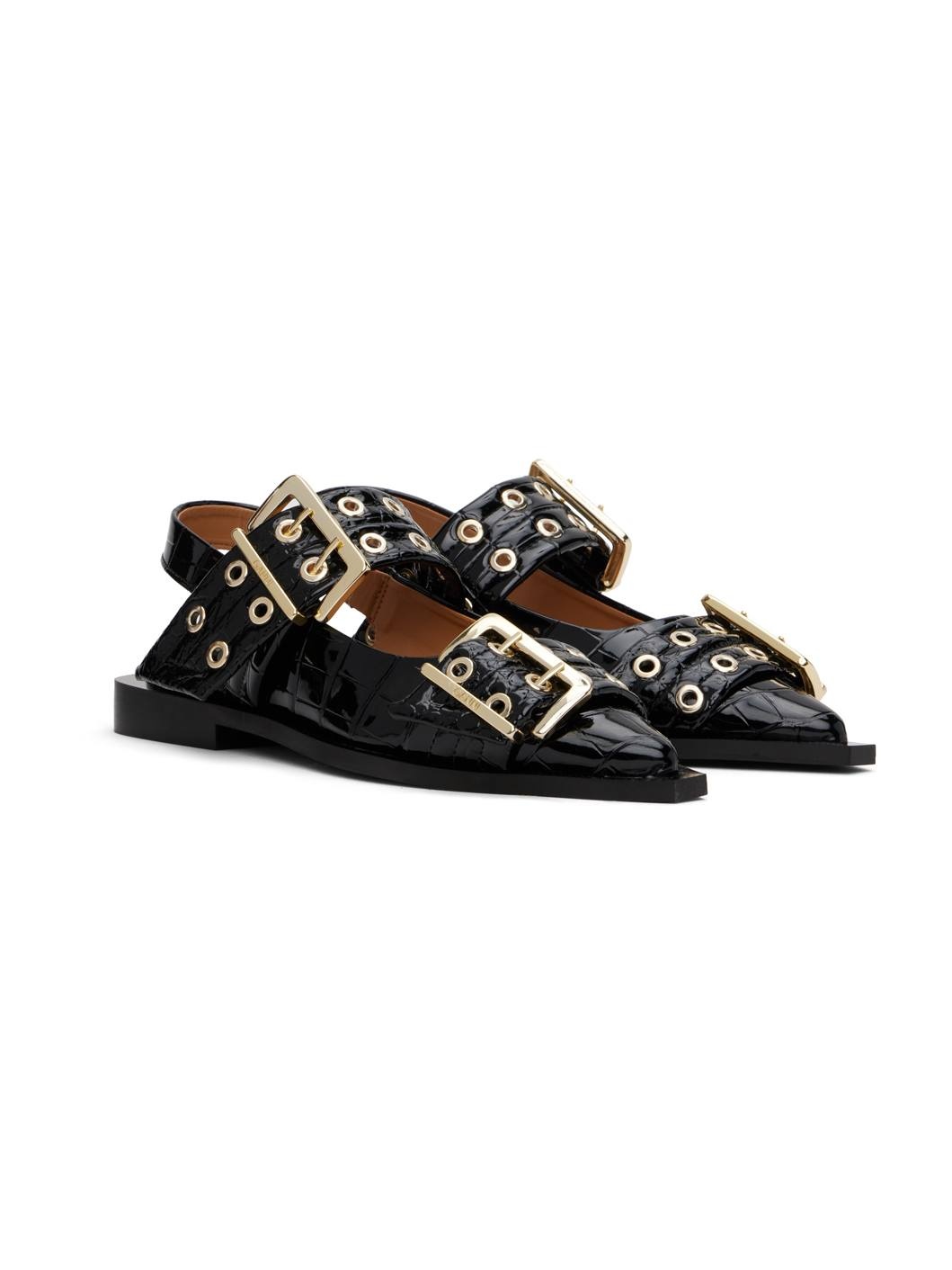 Black Croco Patent Buckle Ballerina Flats - 4