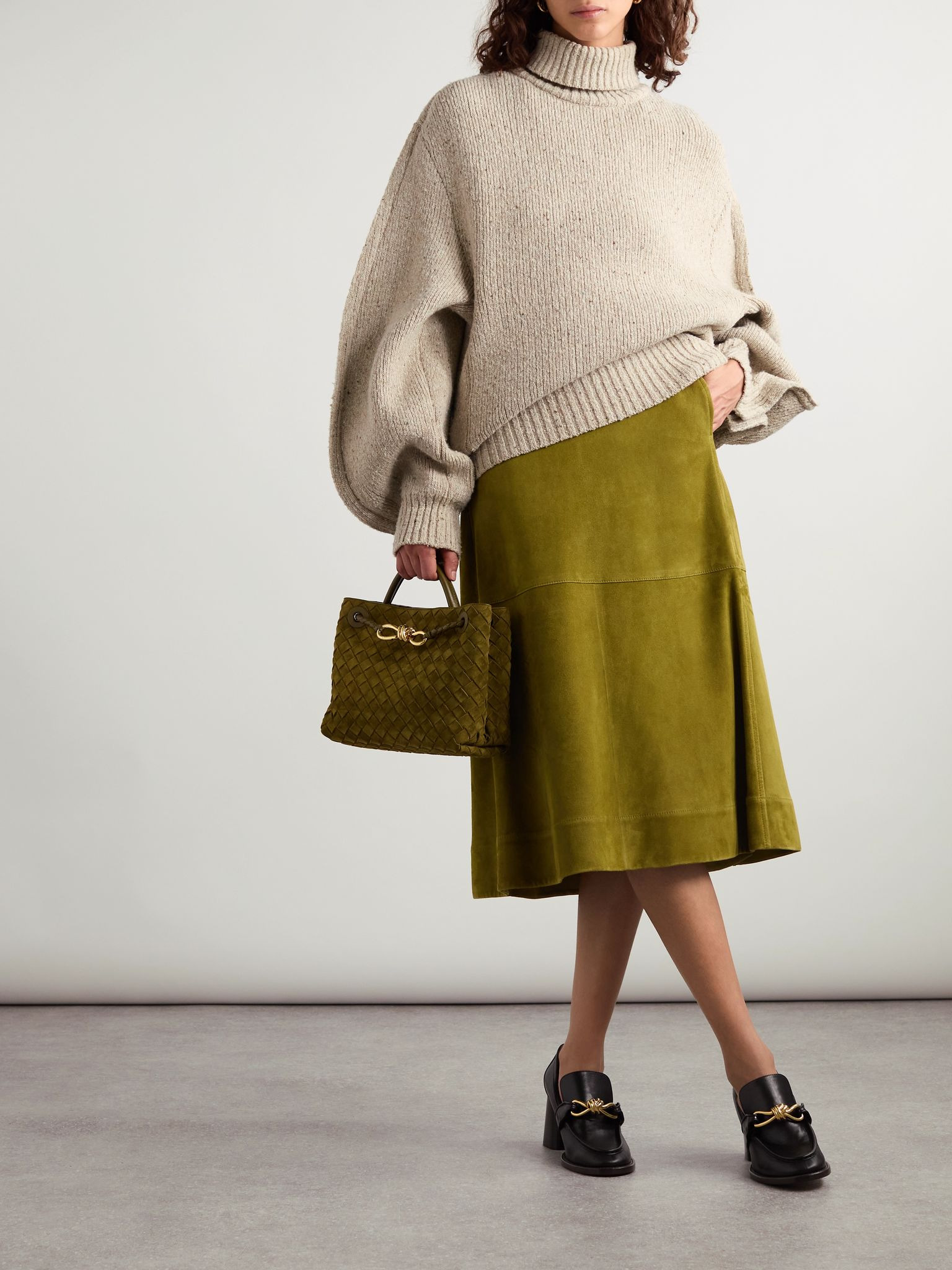 Pleated paneled suede midi skirt Green - 2