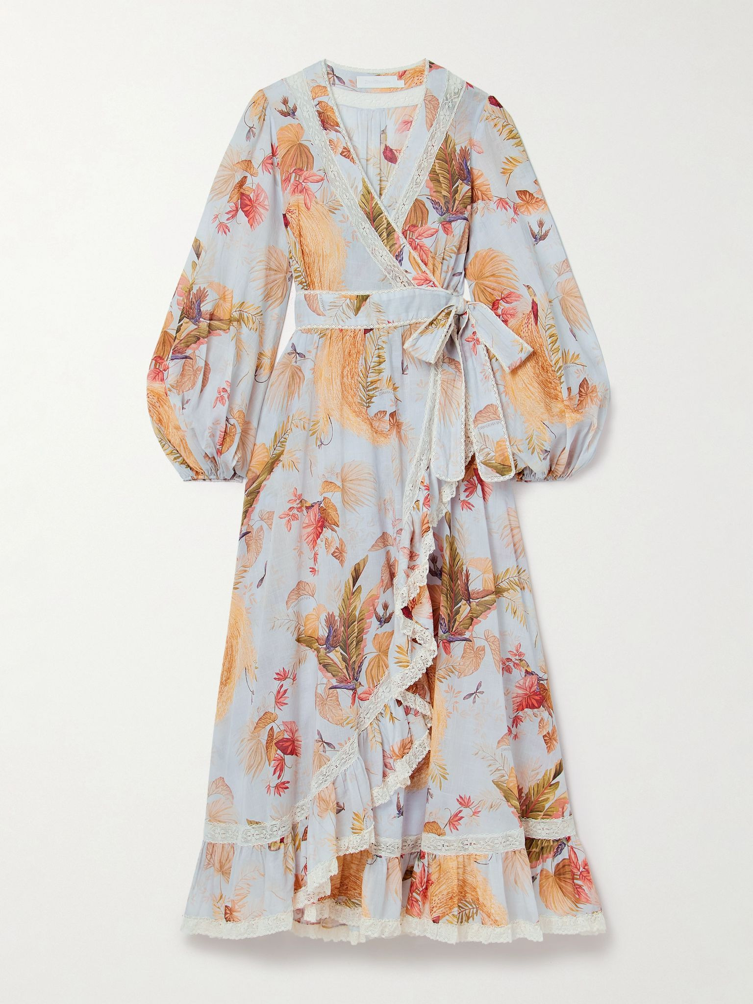 Ascension lace-trimmed tiered printed cotton-voile midi wrap dress Blue - 1