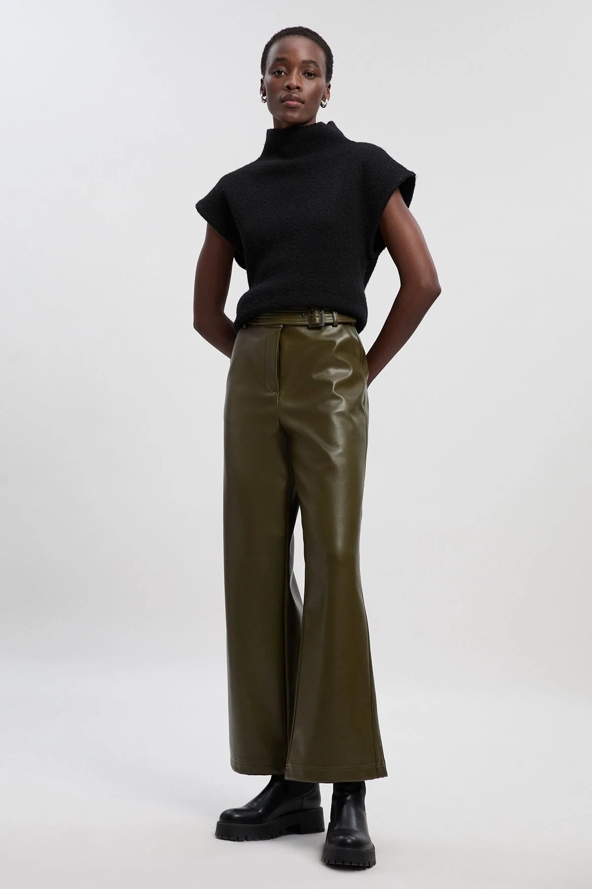Faux Leather Belt Detail Trousers - 1