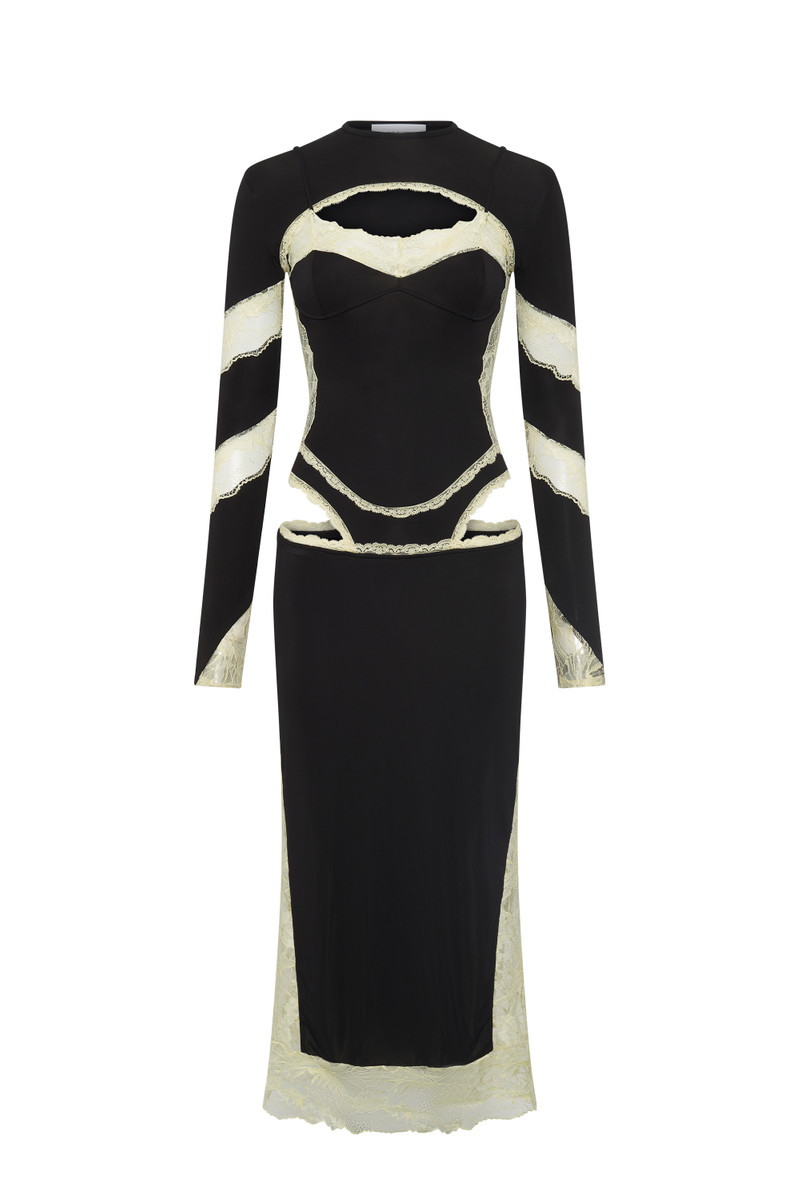 DRAPED JERSEY & LACE LS LONG DRESS 1