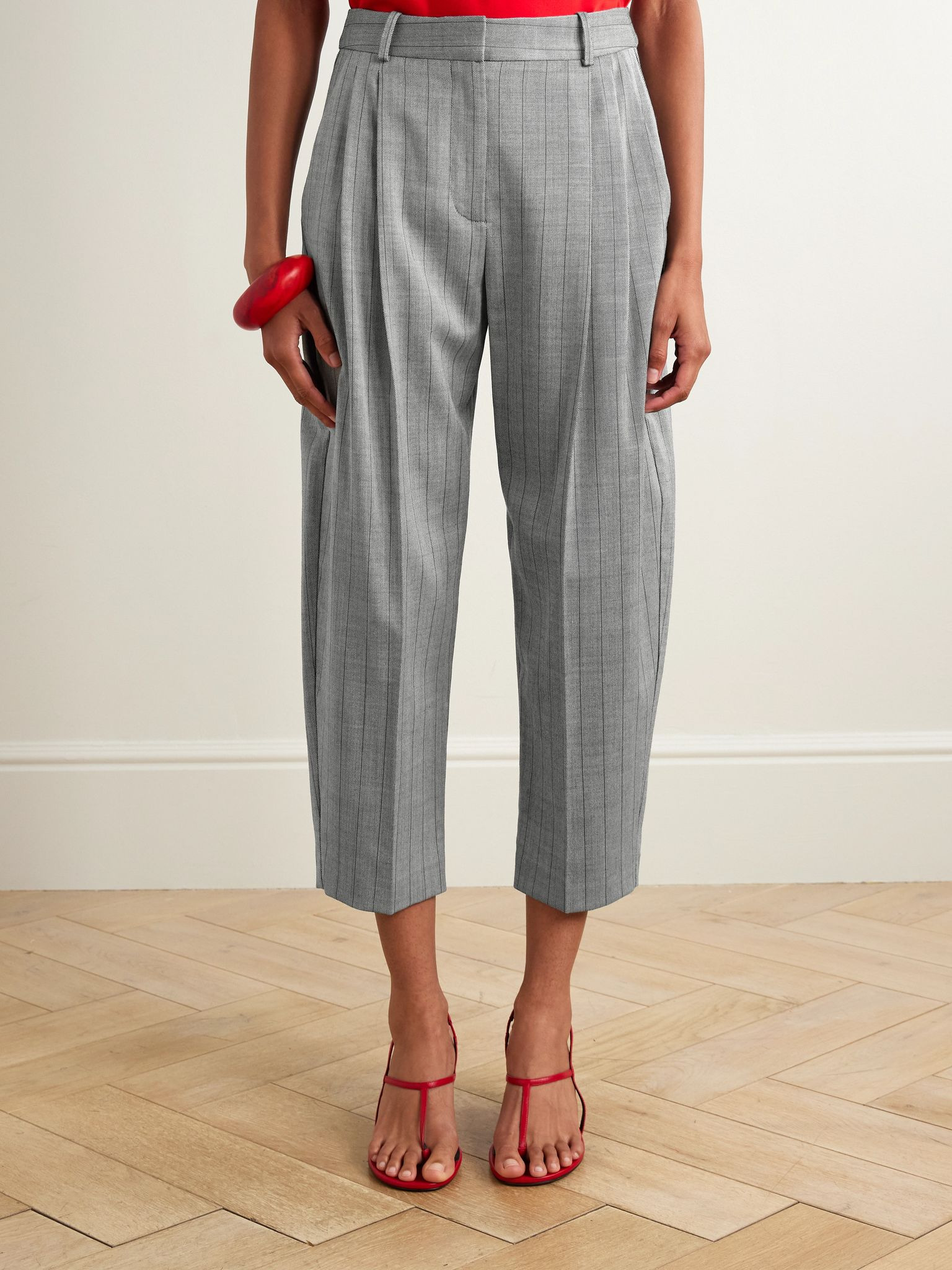 Cropped pleated pinstriped wool-blend twill tapered pants Gray - 3
