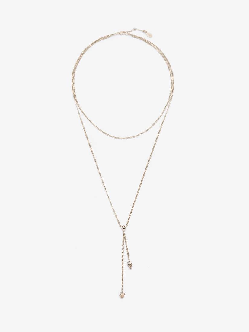 Women's Double-wrap Chain Skull Necklace in Pale Gold - 1
