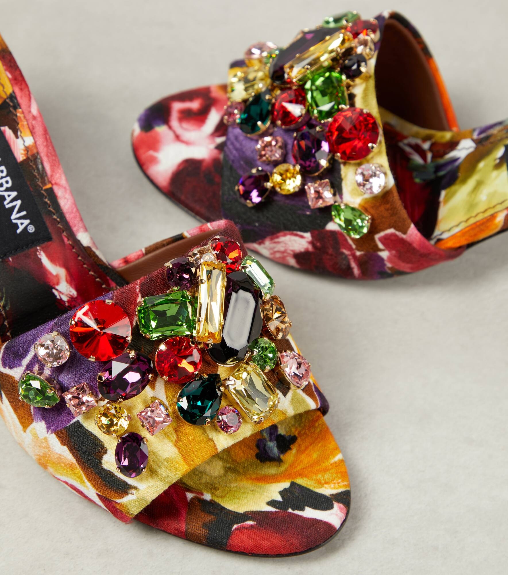 Rhinestone-embellished floral satin mules - 6