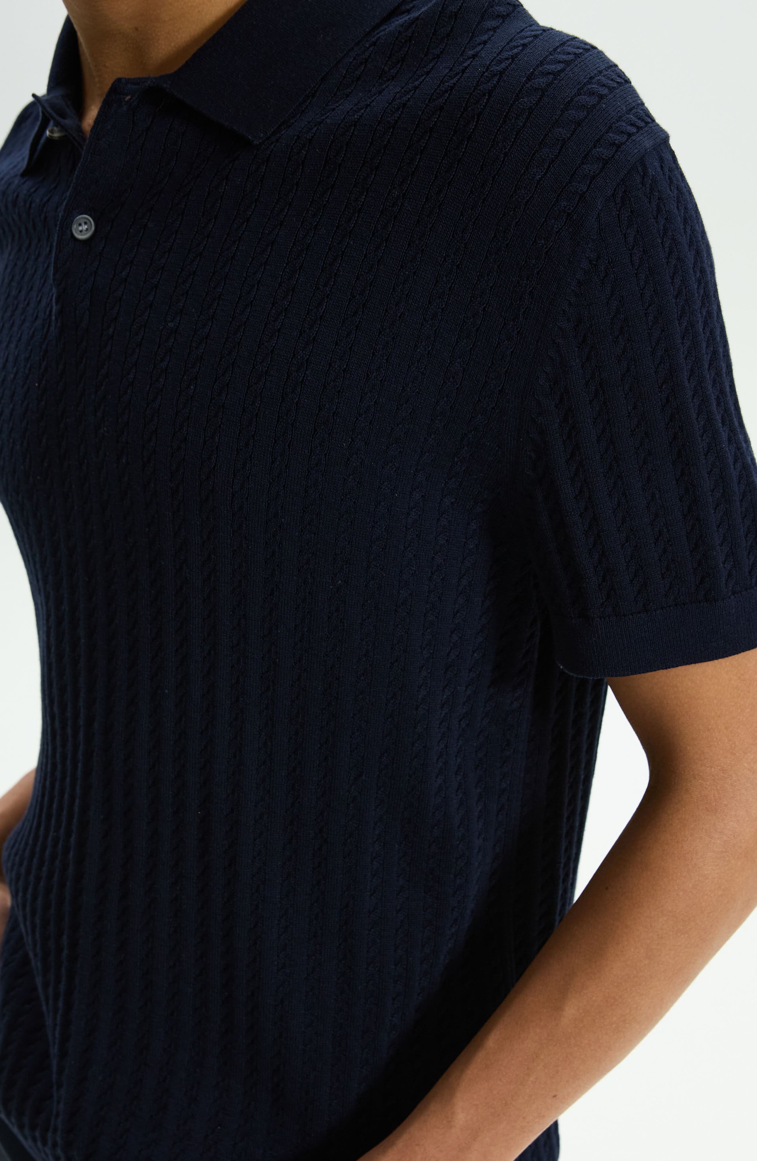 Theory Cable Short Sleeve Cotton Blend Polo Sweater in Baltic at Nordstrom - 3