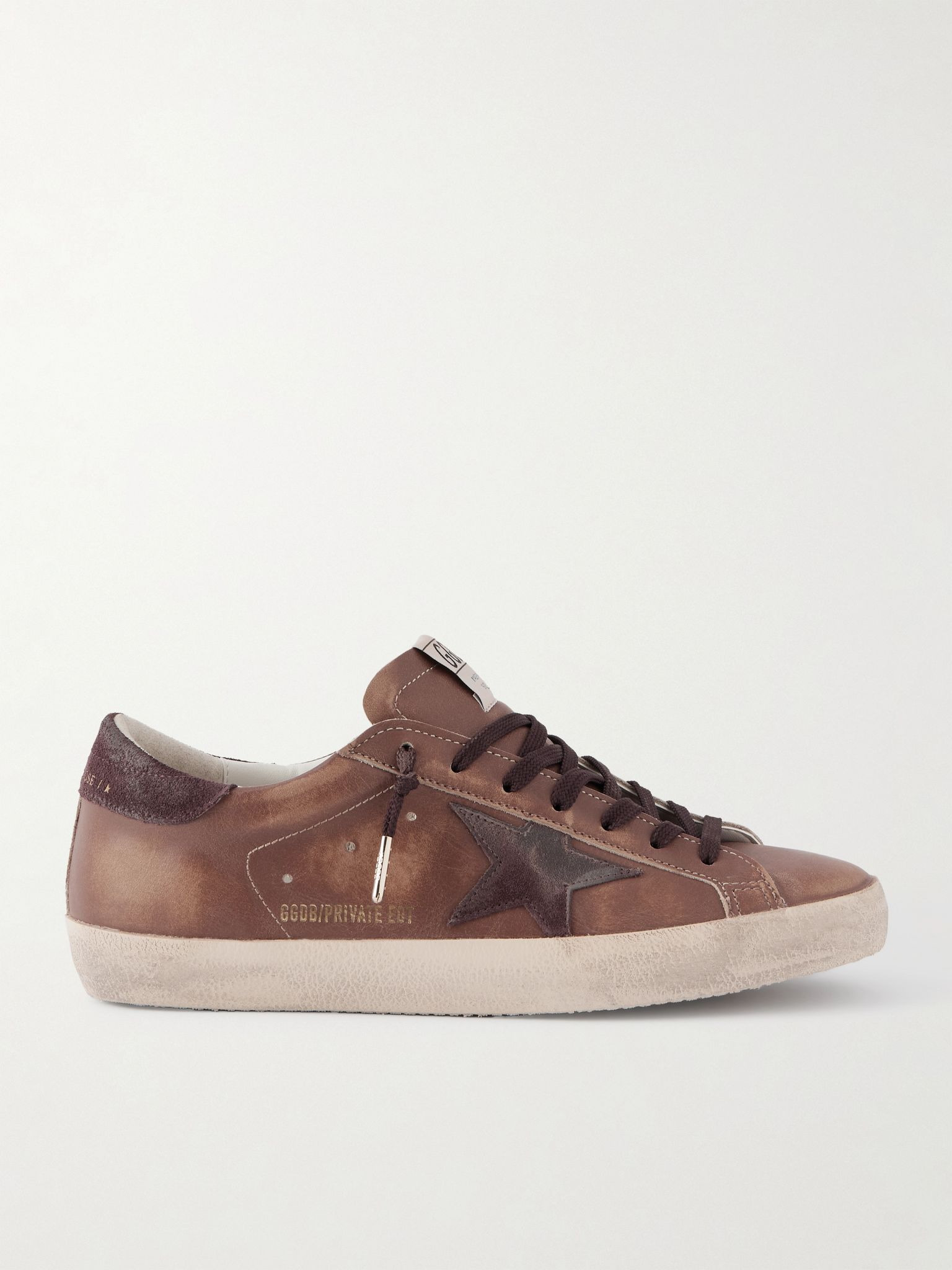 Super-Star Private EDT Distressed Suede-Trimmed Leather Sneakers Brown - 1