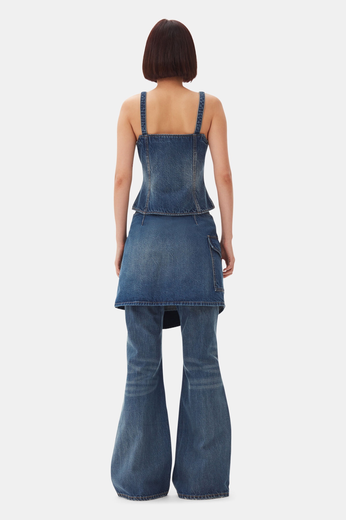 DARK BLUE HEAVY WASHED FLARED SKIRT JEANS - 4