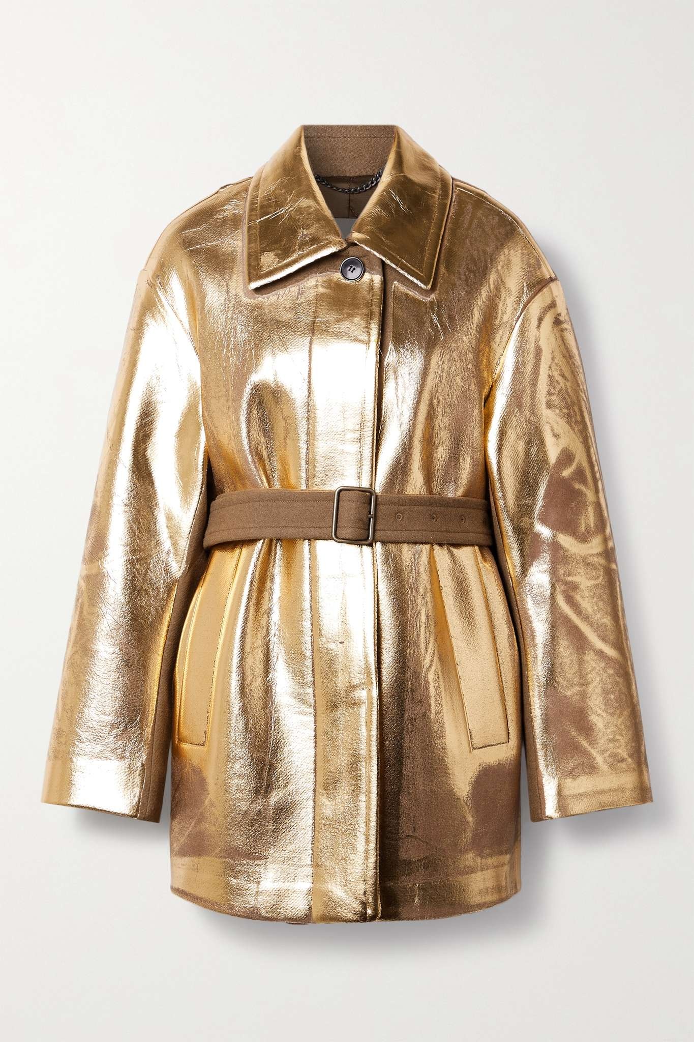 Belted metallic coated wool-blend coat - 1