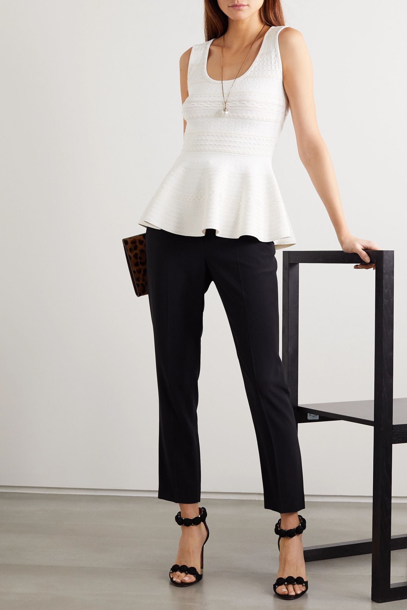 Crochet-paneled stretch-knit peplum top - 2