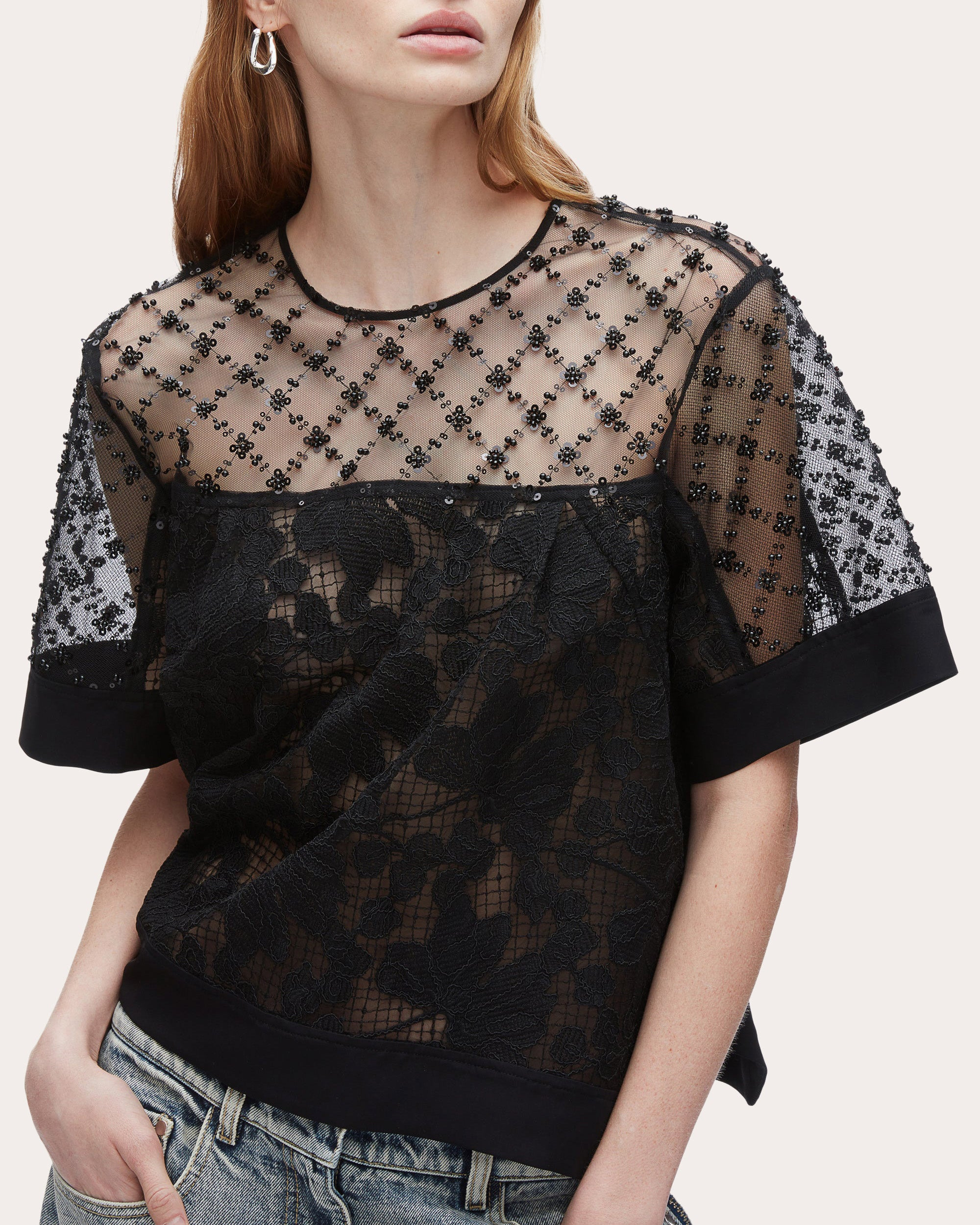 Embellished Floral Lace Organza Top - 5