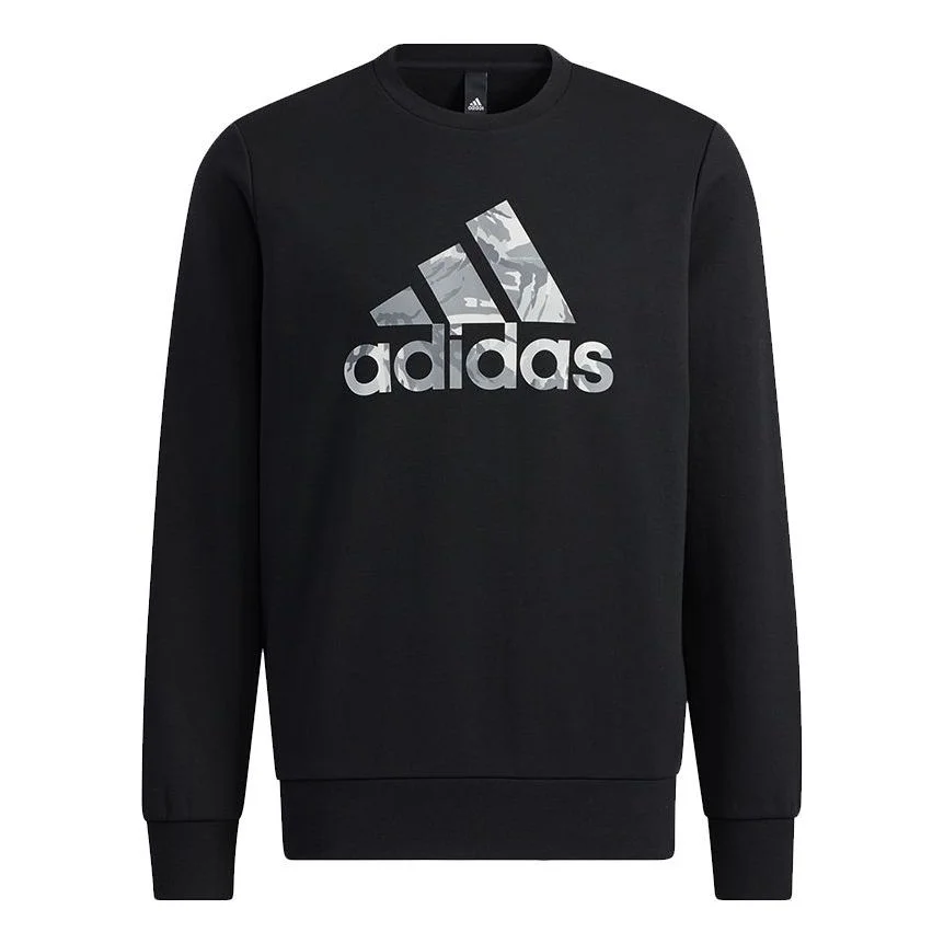Men's adidas Camouflage Printing Logo Round Neck Sports Long Sleeves Black H39330 - 1