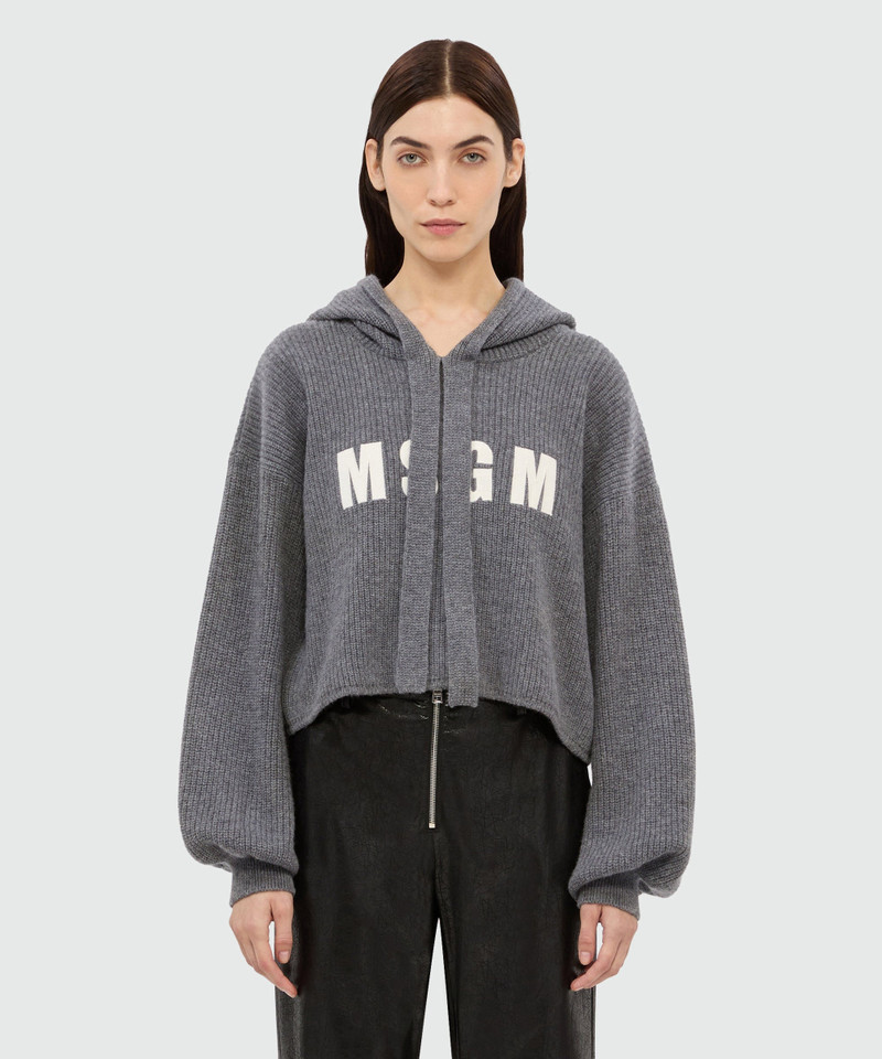 MSGM Anthracite cashmere blend hooded sweater with MSGM logo outlook
