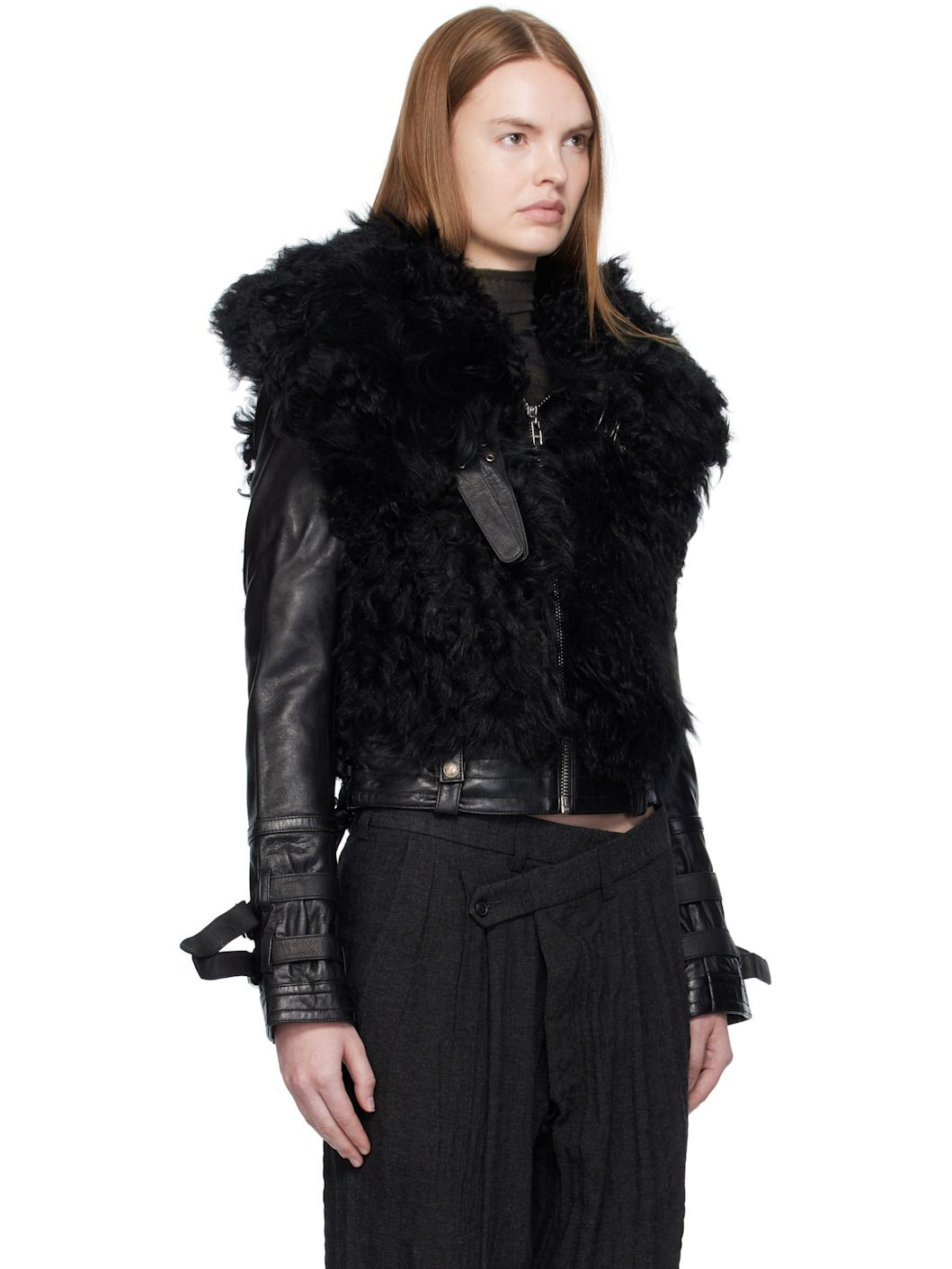 Black Furry Shrunken Shearling Jacket - 2