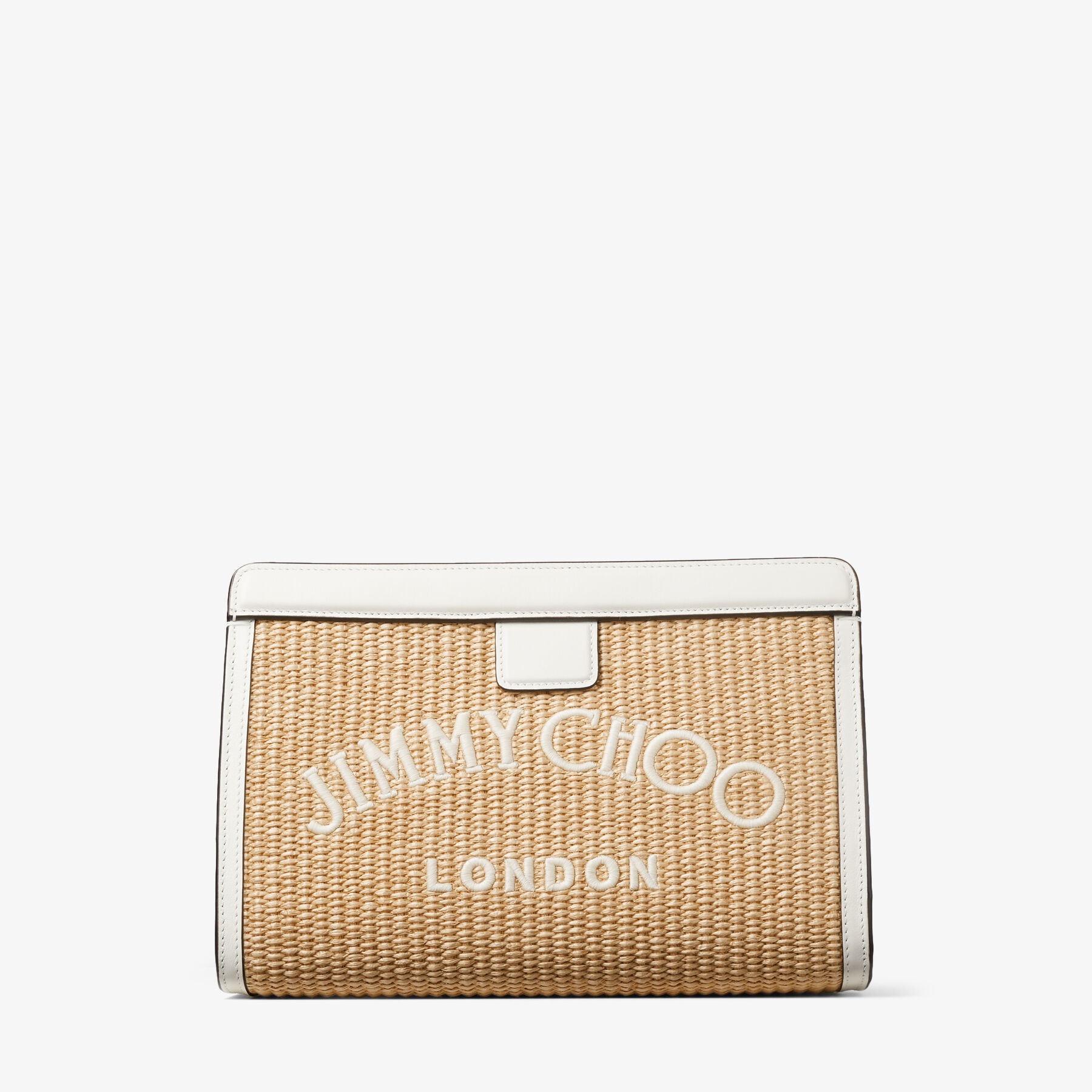Varenne Pouch
Natural Raffia and Smooth Leather Pouch with Jimmy Choo Embroidery - 1
