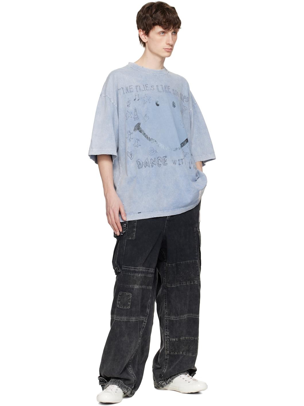 Blue Bleached Smily Face Print T-shirt - 4