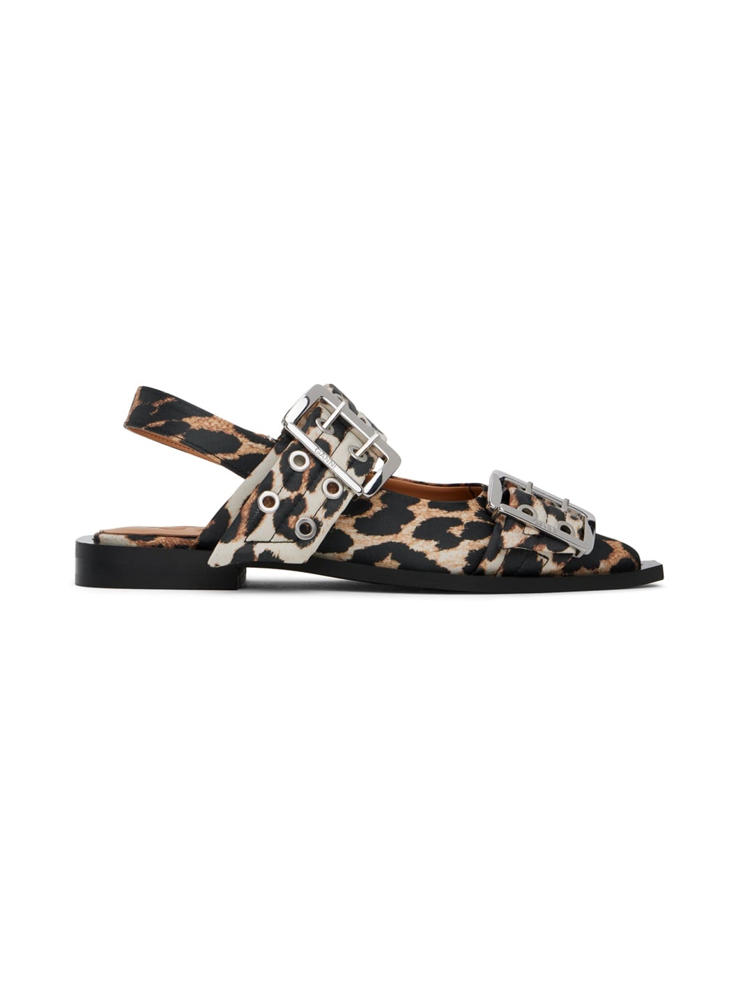 Beige & Black Leopard Satin Buckle Ballerina Flats - 1