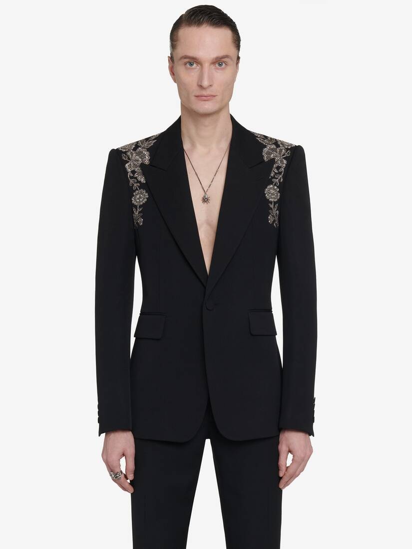 Men's Embroidered Harness Single-breasted Jacket in Black - 2