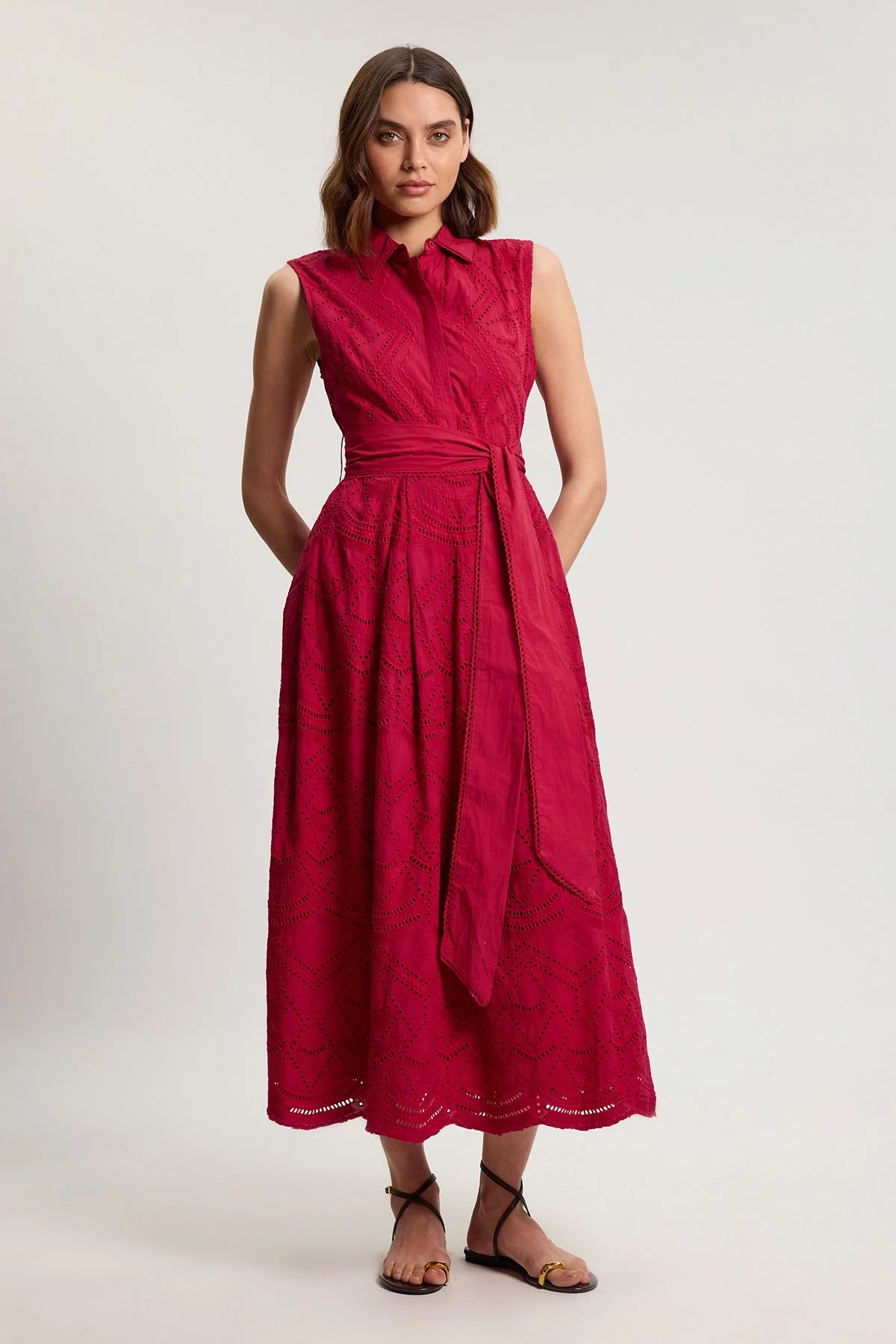 Cotton Broderie Scalloped Hem Sleeveless Shirt Dress - 1