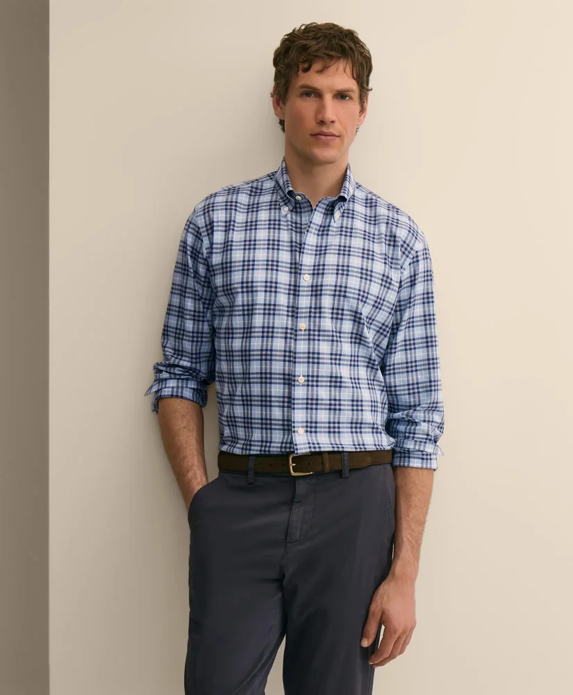 Stretch Supima® Cotton Non-Iron Twill Polo Button Down Collar, Tartan Sport Shirt - 1