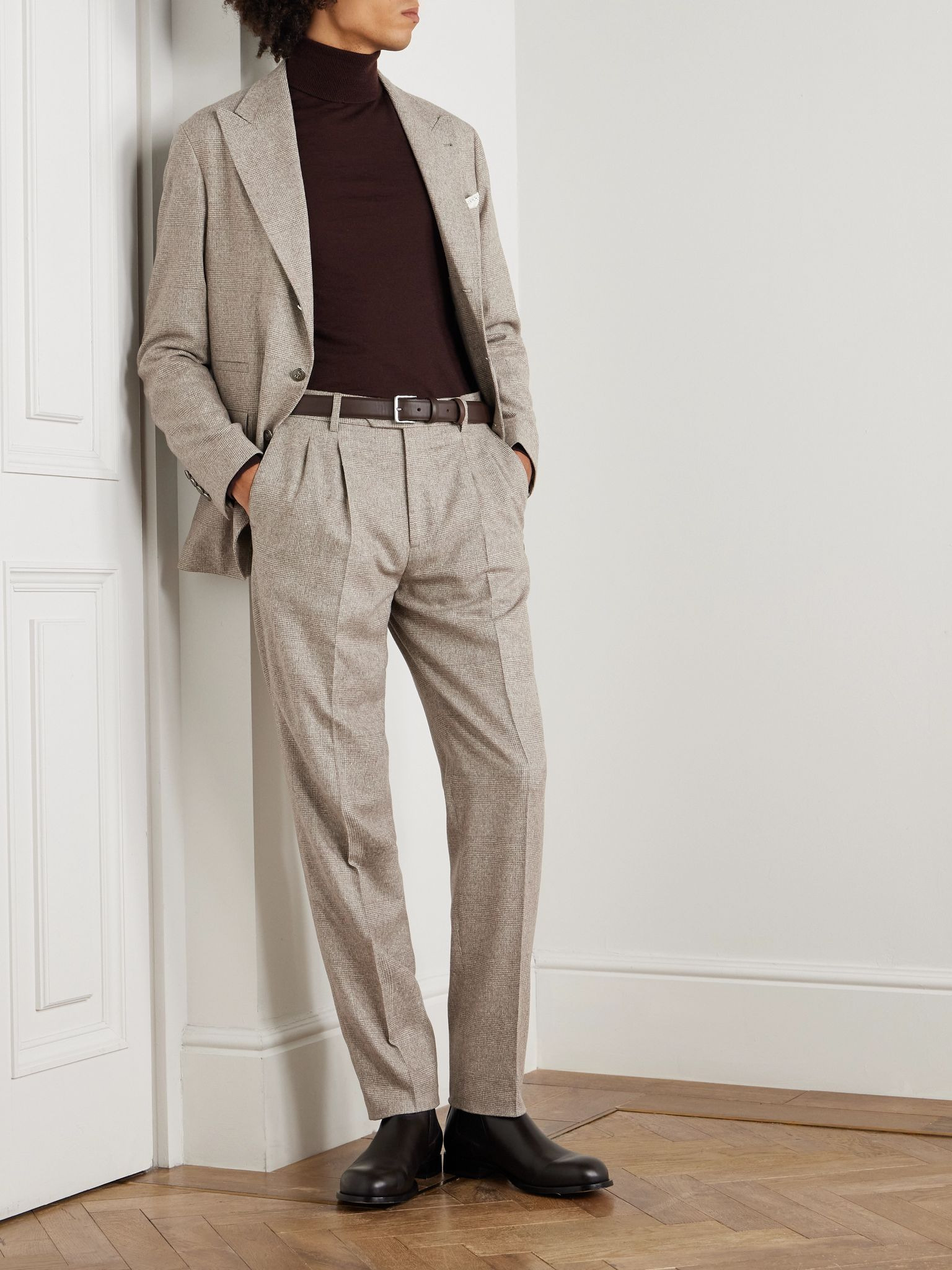 Tapered Pleated Prince of Wales Checked Silk, Wool and Cashmere-Blend Flannel Suit Trousers Beige - 2