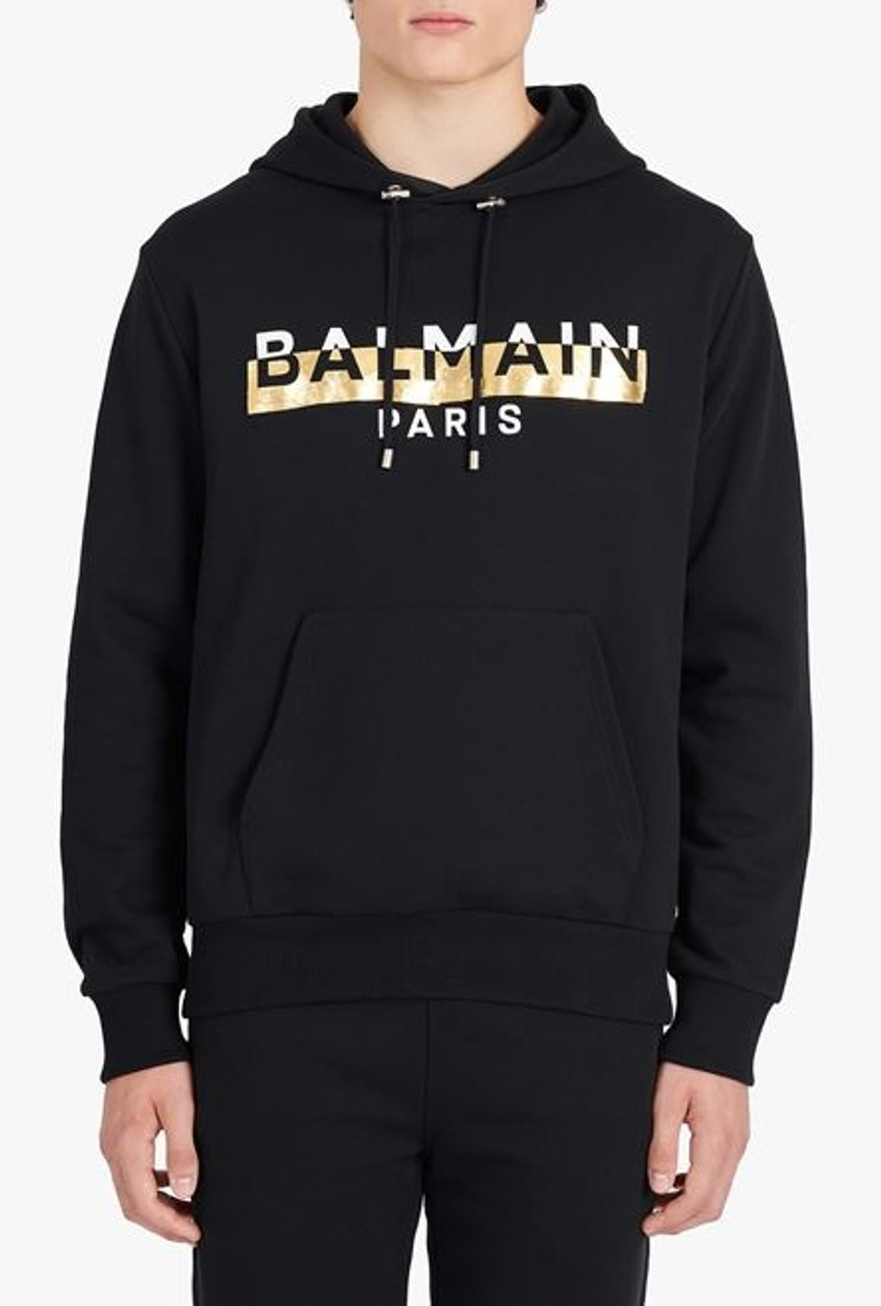Black eco-designed cotton sweatshirt with white and gold Balmain Paris metallic logo print 5