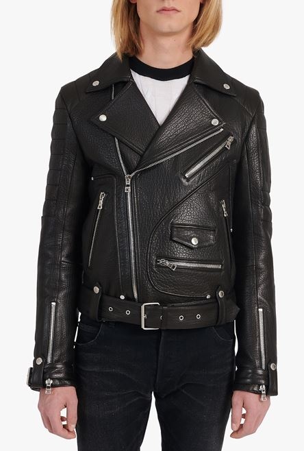 Black quilted leather biker jacket - 5