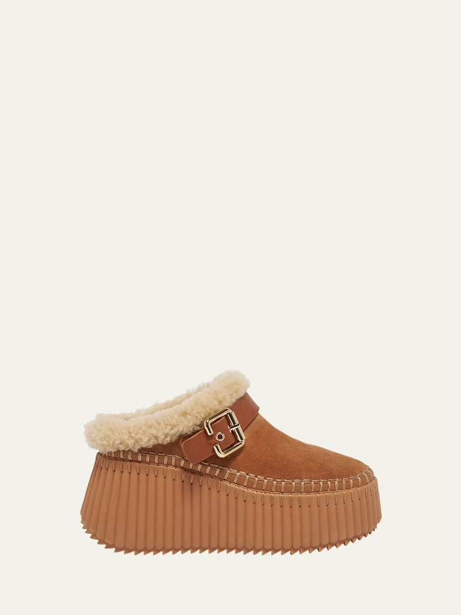Nama Suede Shearling-Lined Platform Clogs - 1