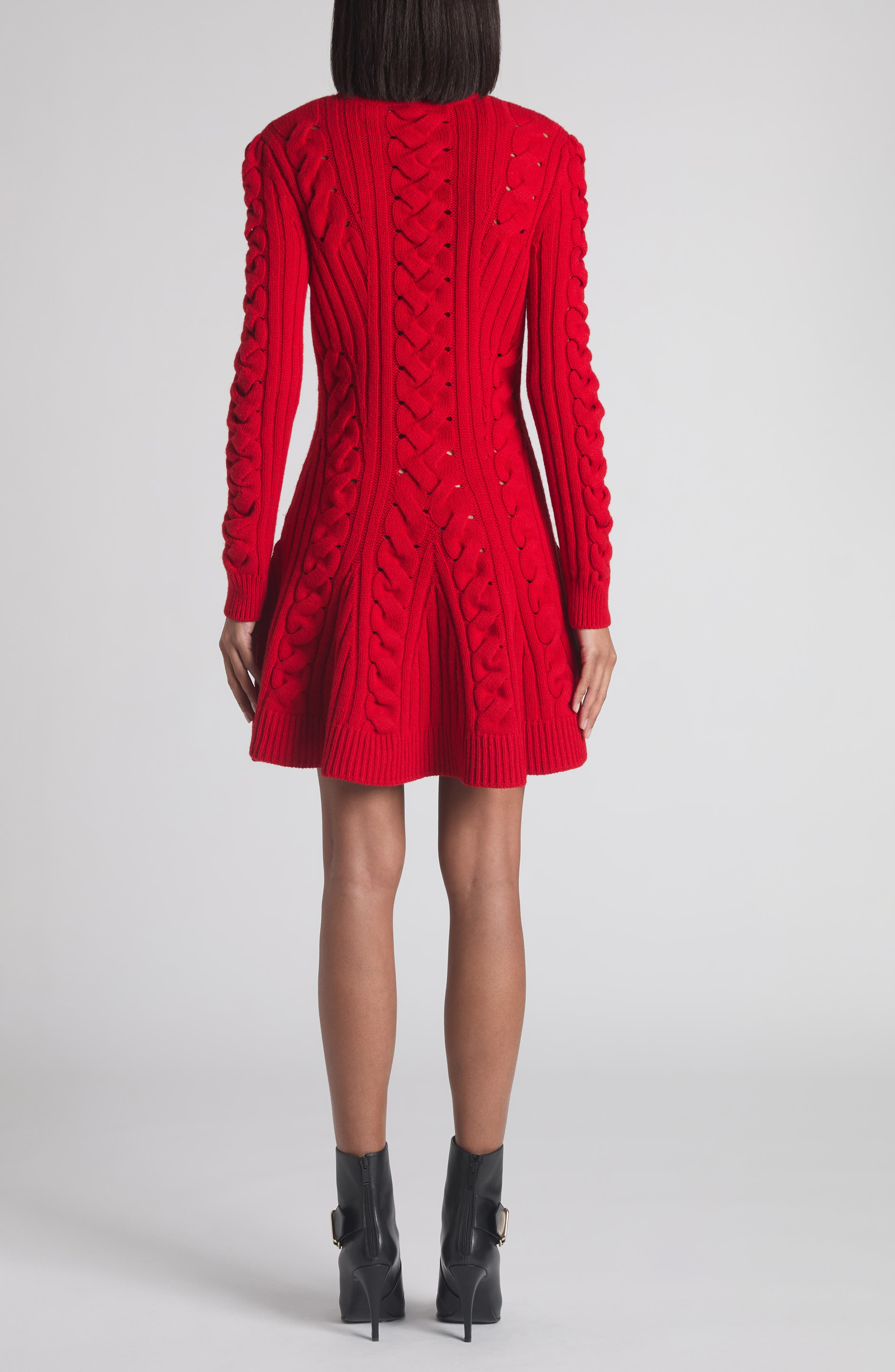McQueen Long Sleeve Cable Knit Wool & Cashmere Mini Sweater Dress in Poppy Red at Nordstrom - 2