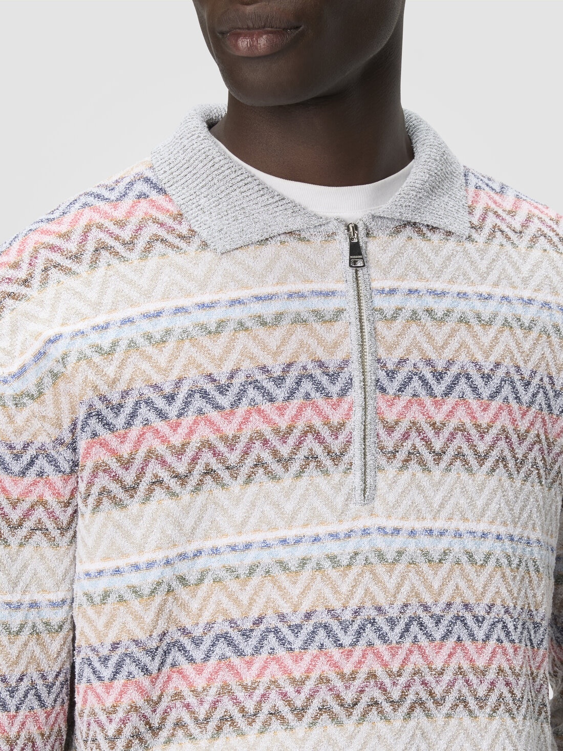 Long-sleeved zig zag knit polo shirt with half-zip collar - 5