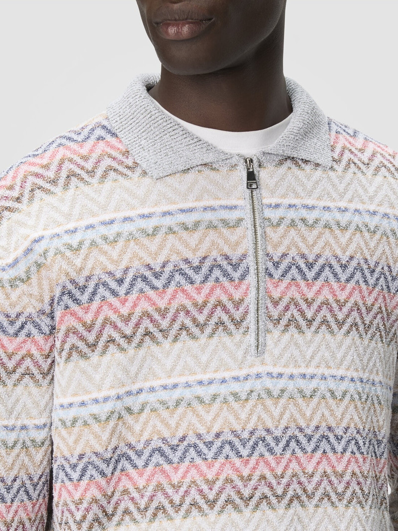 Long-sleeved zig zag knit polo shirt with half-zip collar 5