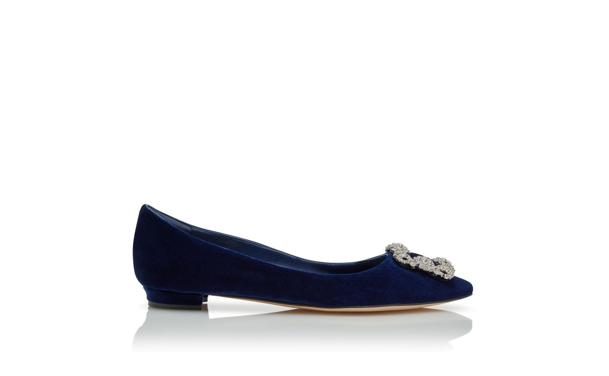 Navy Blue Velvet Jewel Buckle Flat Pumps - 1