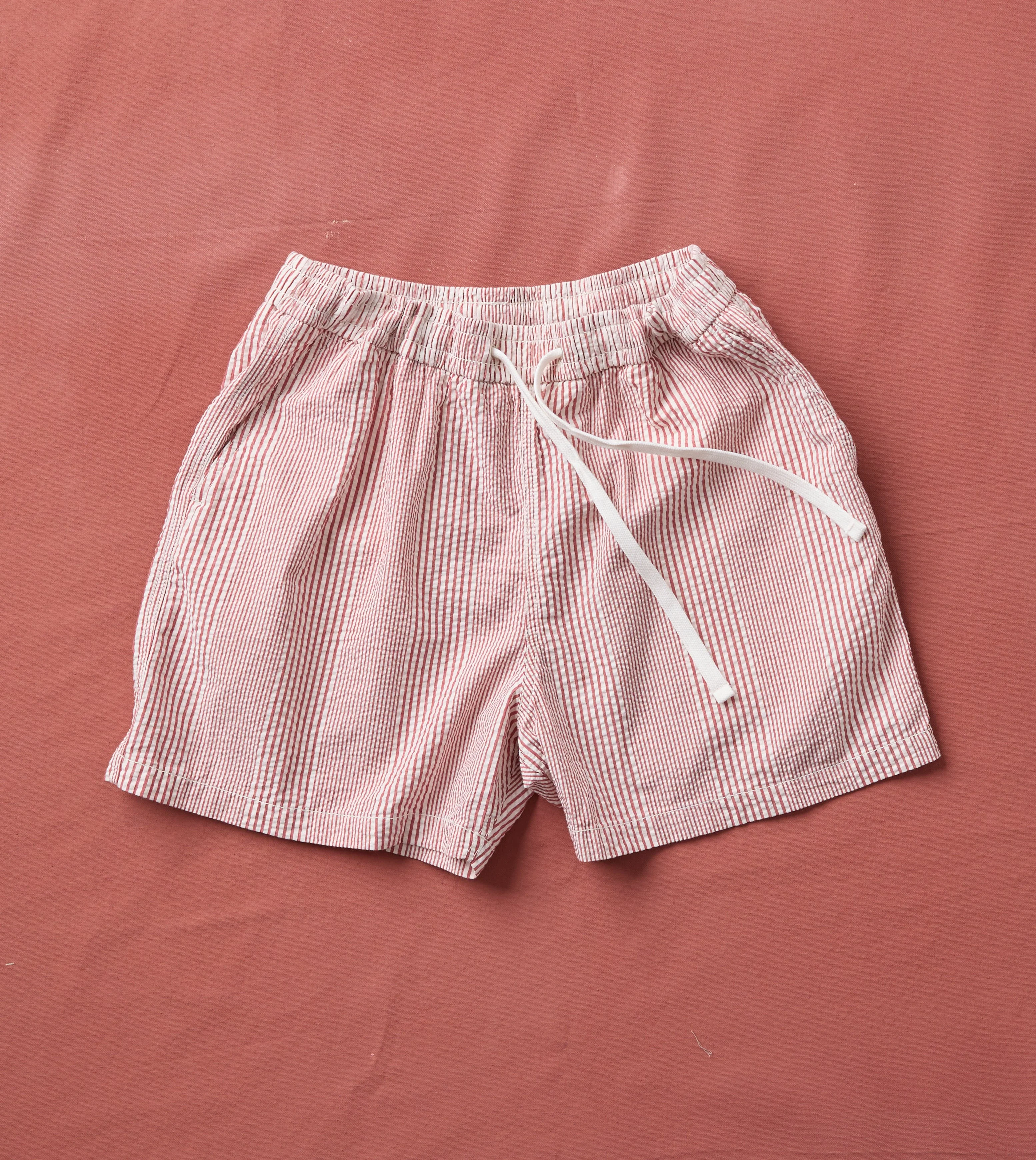 Red Stripe Seersucker Cotton Drawstring Shorts - 1