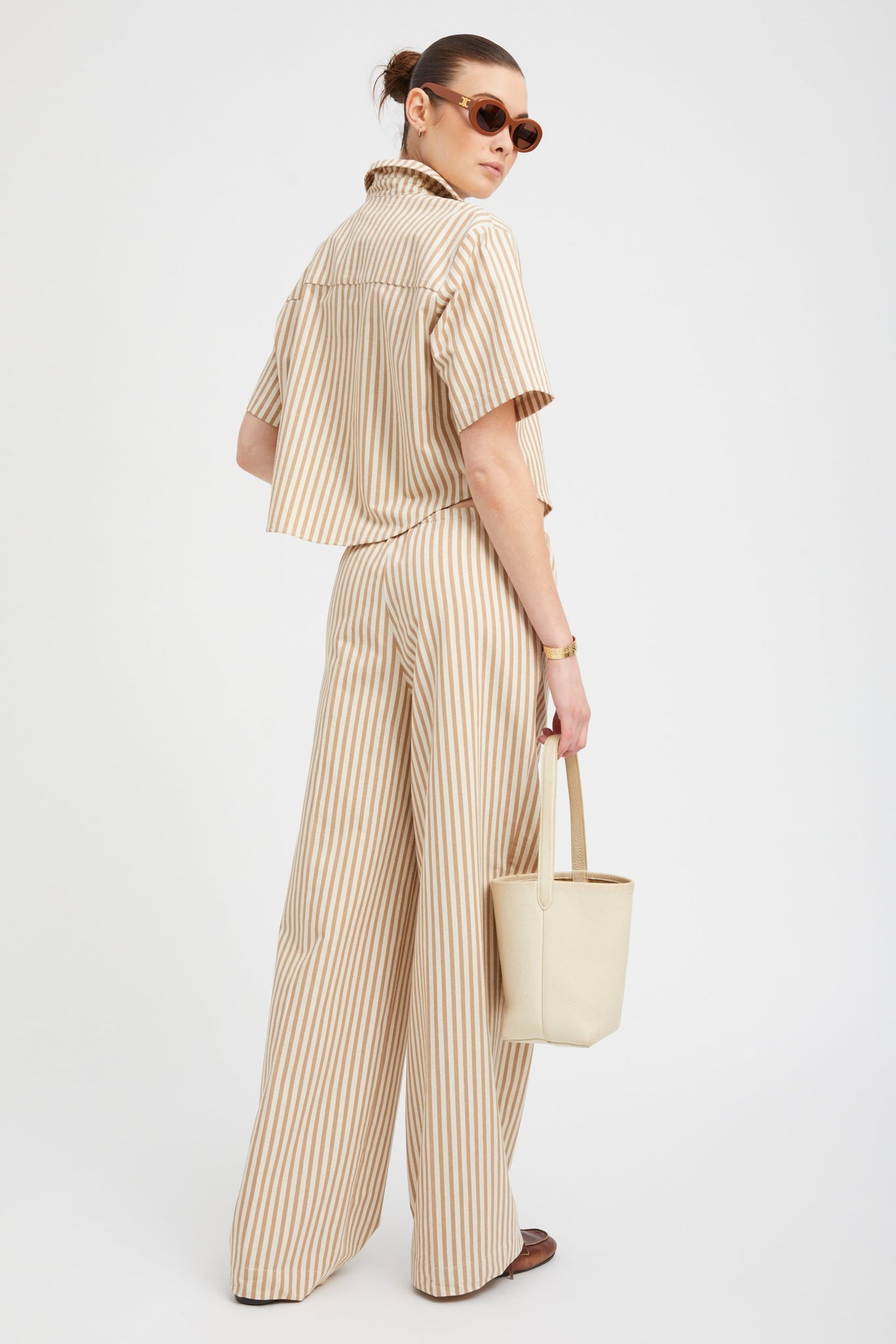 CAMEL STRIPE LINEN DRAWSTRING PANTS - 4