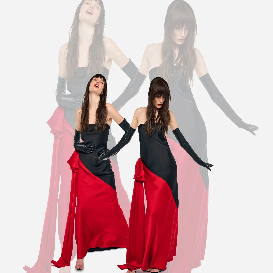 SPLICED BIAS STRAPLESS GOWN W/ BOW - 1