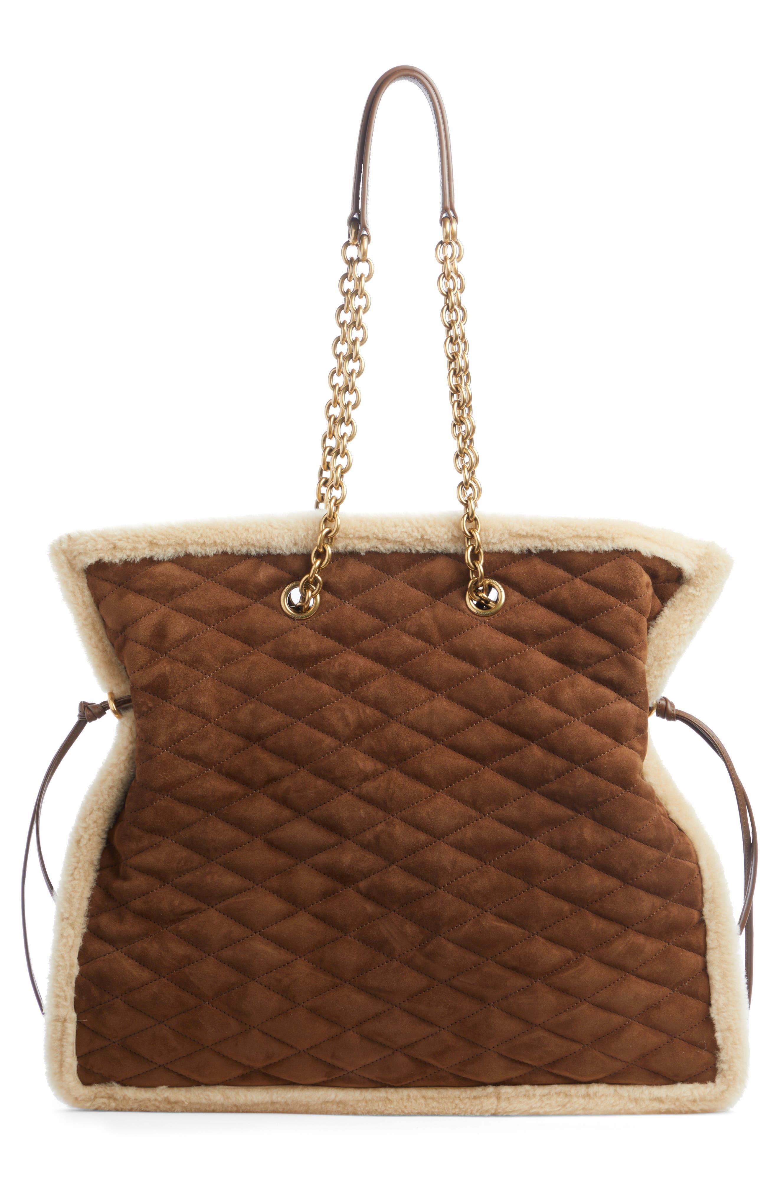 Saint Laurent Le Pochon Genuine Shearling Trim Shoulder Bag in Dark Cigar/Natural Beige at Nordstrom - 3