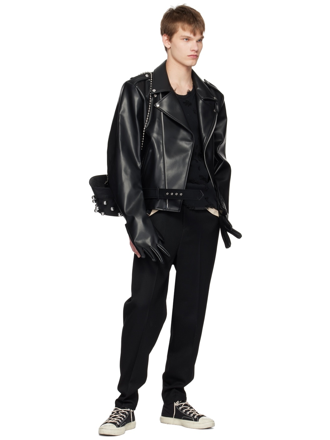 Black Glove Sleeve Rider's Leather Jacket - 5