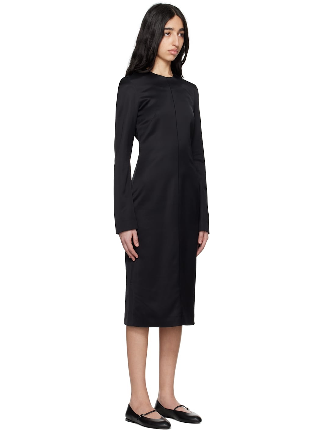Black Lean Satin Midi Dress - 2