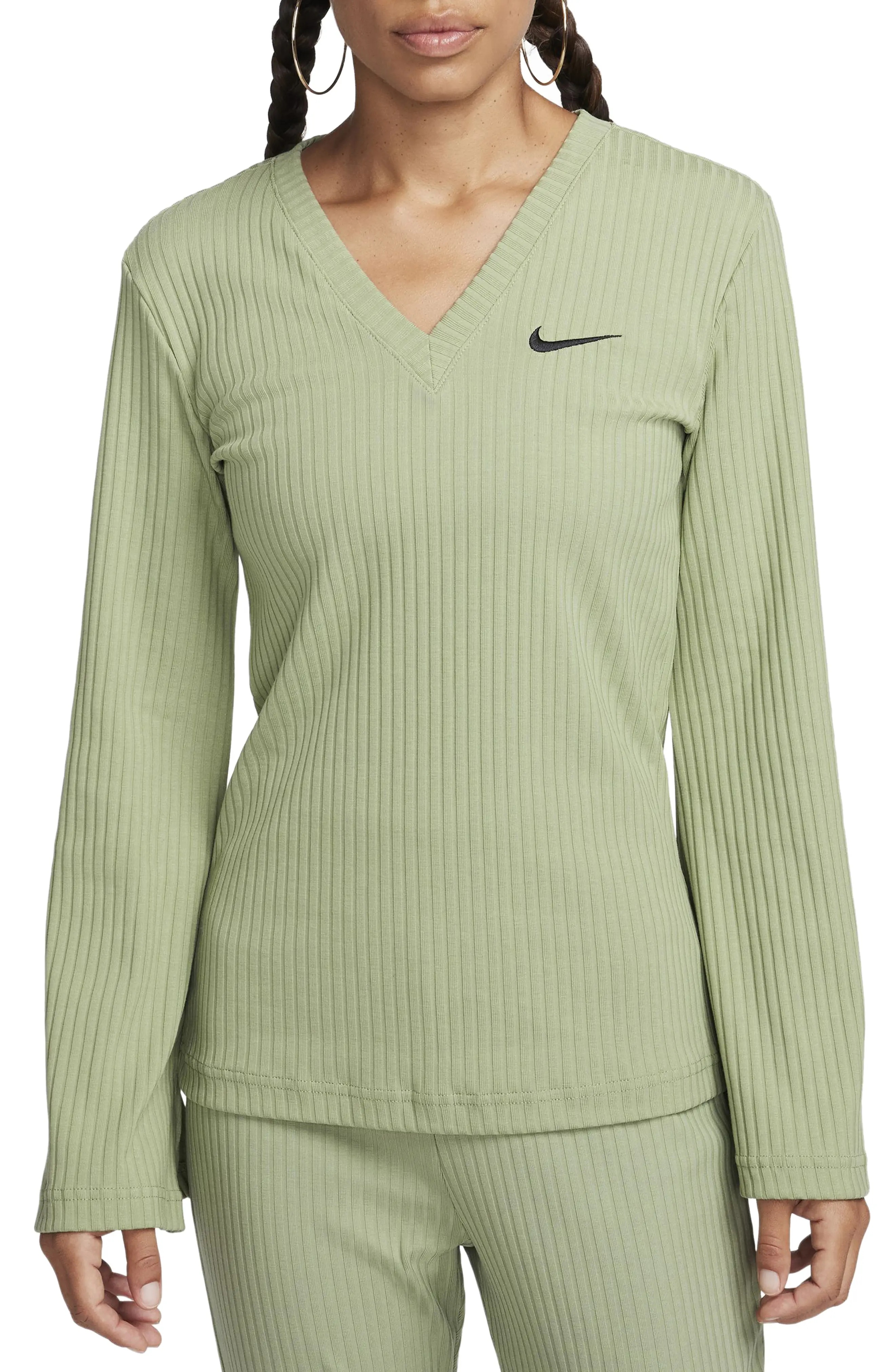 Sportswear Rib Jersey Long Sleeve V-Neck Top in Oil Green/Black - 1