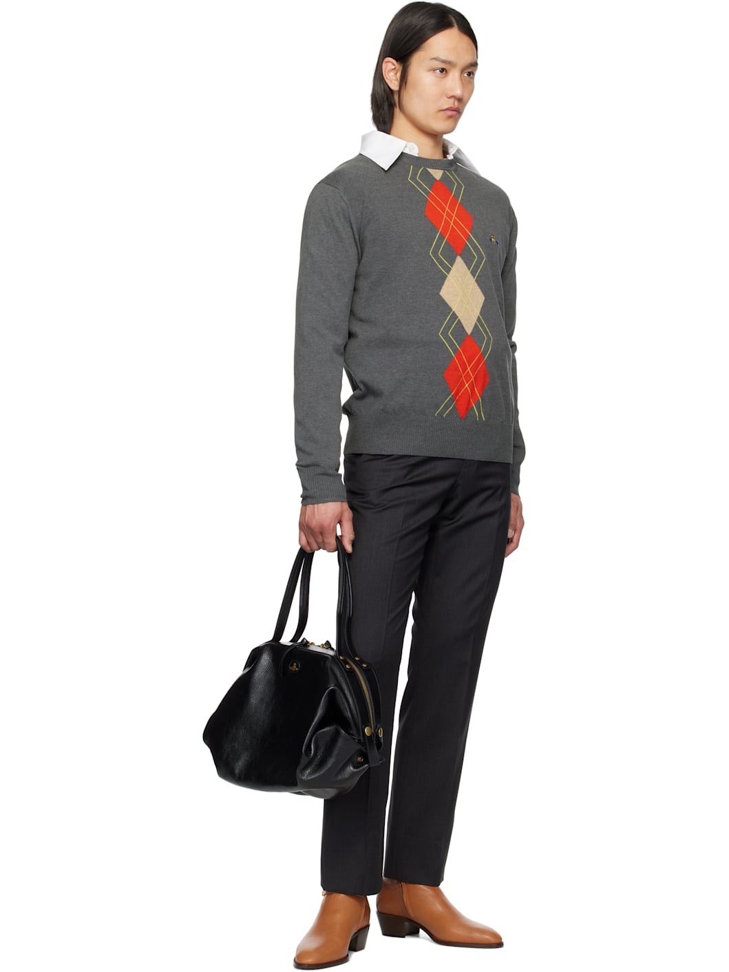 Gray Argyle Round Neck Sweater - 4