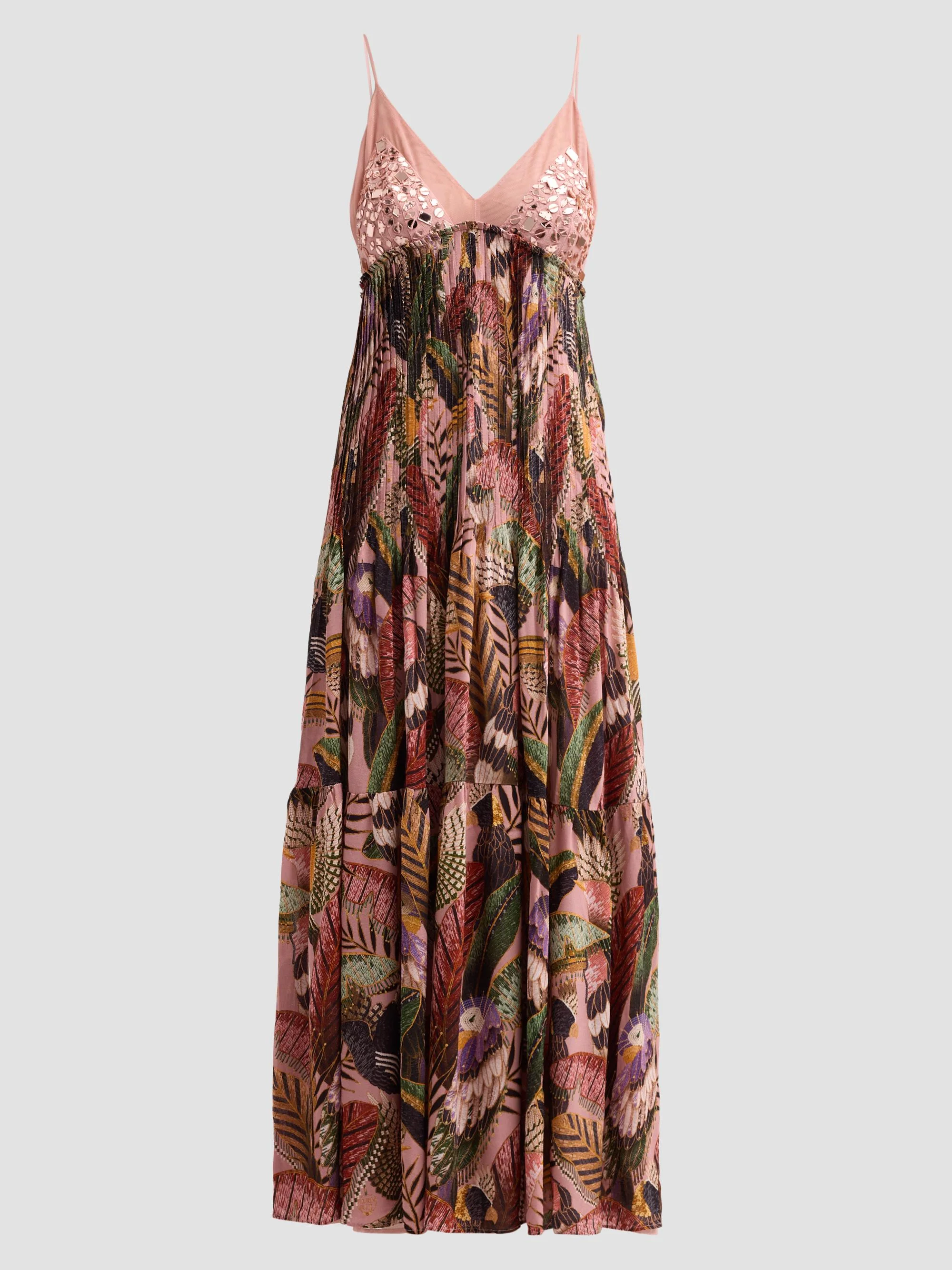 Women's Embellished Bird Print Dress - Pink - 1