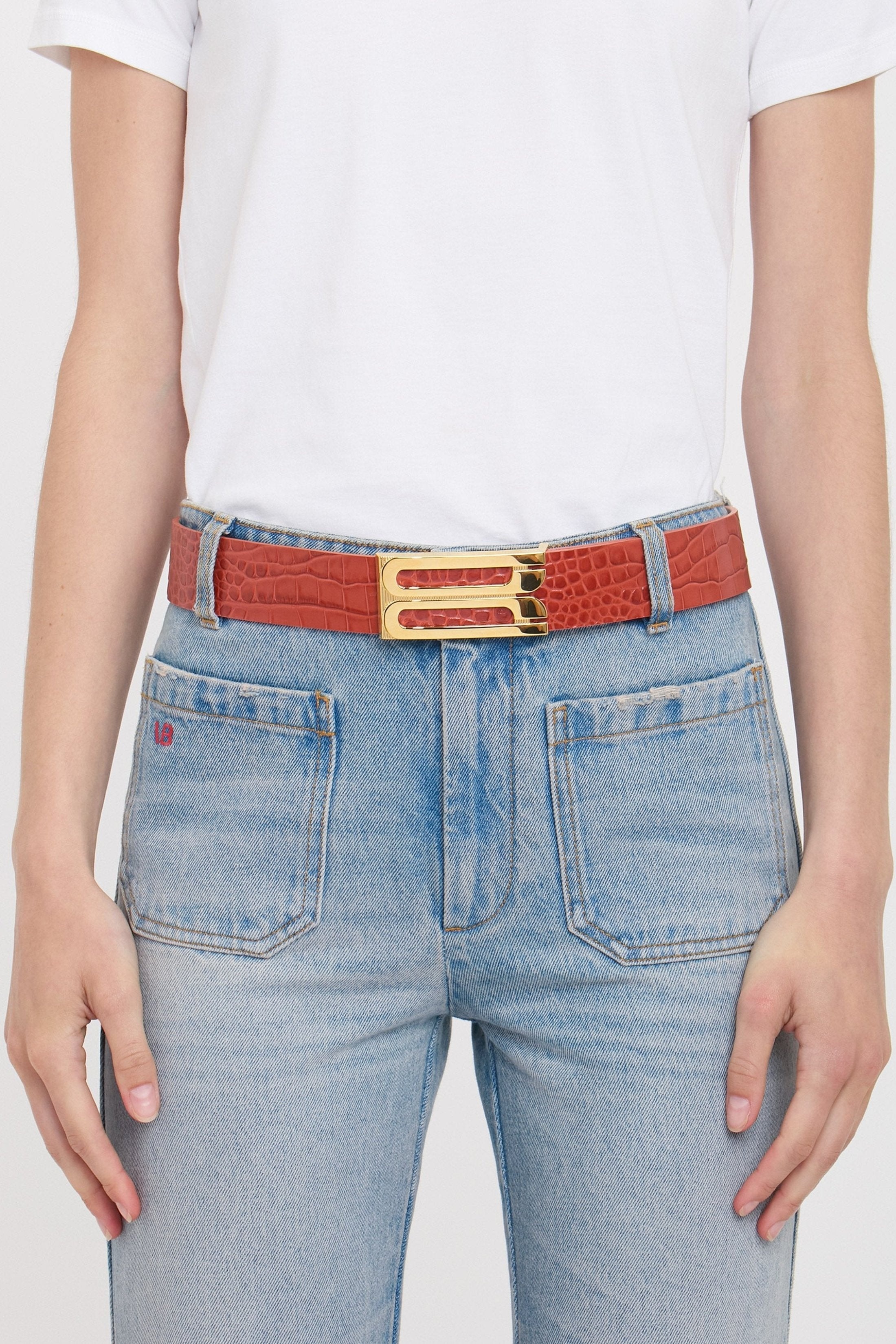 Jumbo Frame Belt In Brick Red Croc Embossed Leather - 3