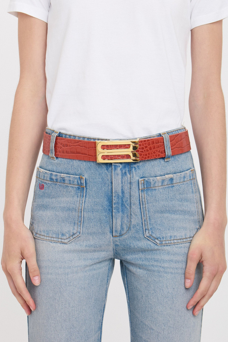 Jumbo Frame Belt In Brick Red Croc Embossed Leather 3
