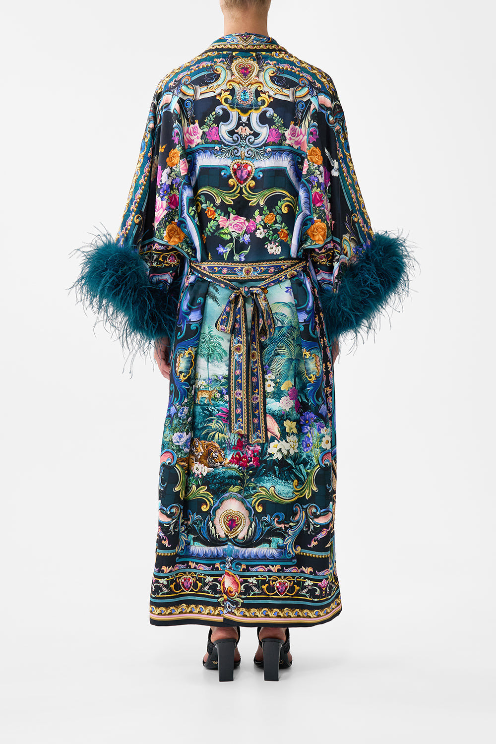 LONG ROBE WITH NARROW COLLAR AND FEATHERS - 3