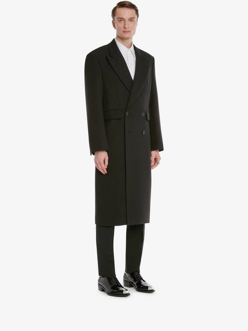Men's Wool Hopsack Double-breasted Coat in Black - 3