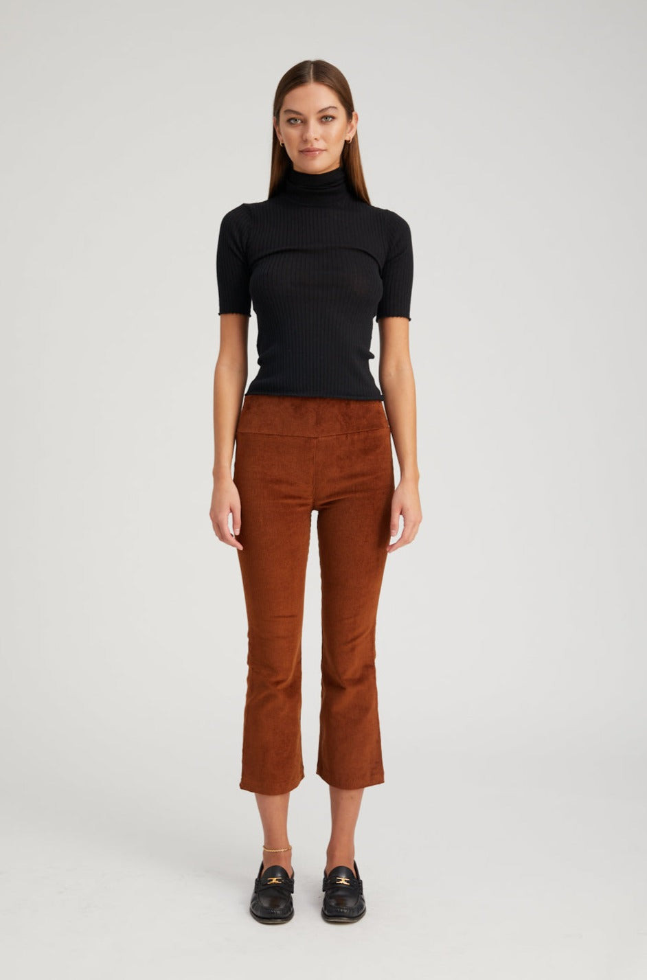 DARK COGNAC CORDUROY CROP FLARE PANTS - 2