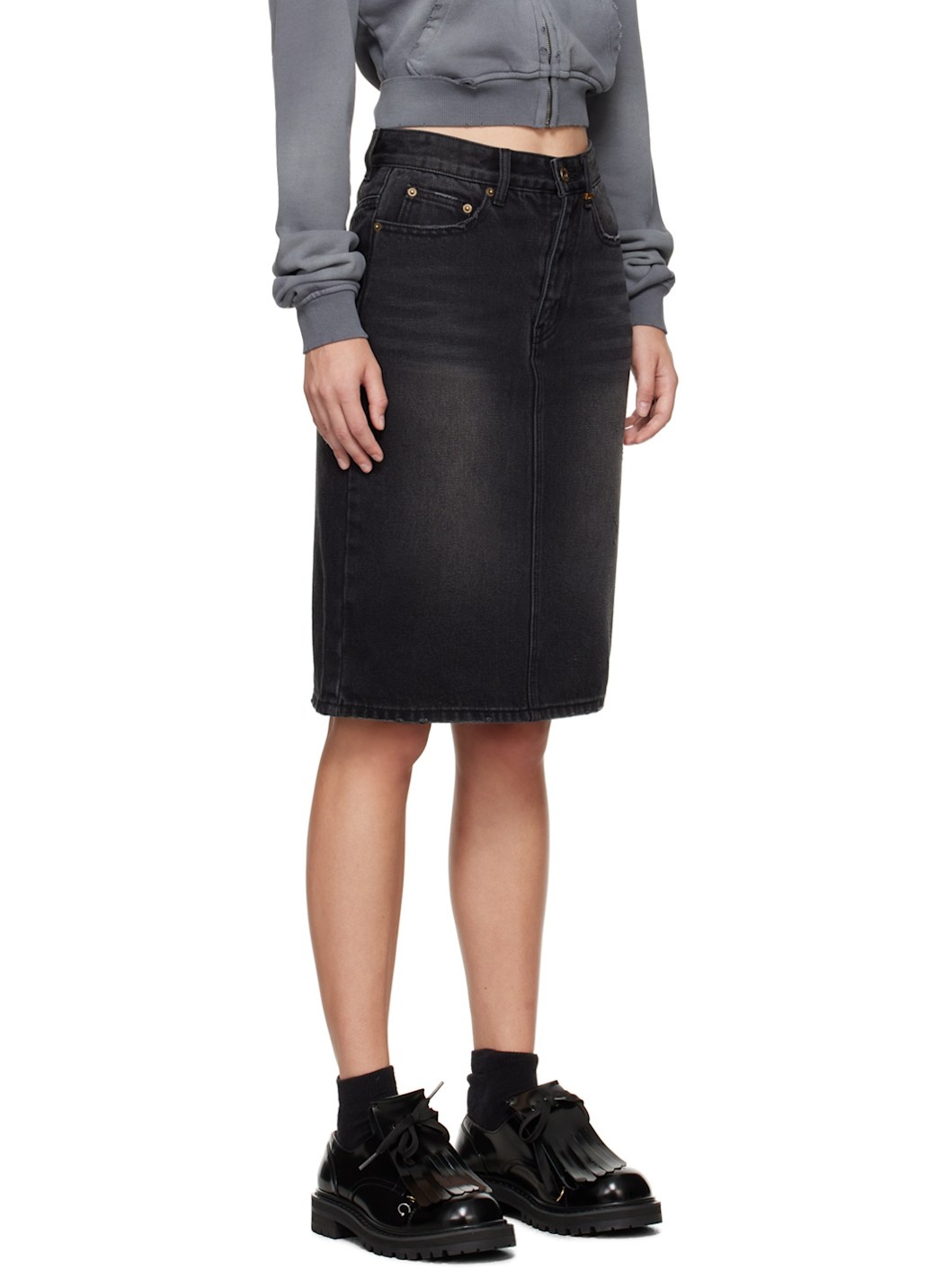 Black Washed Denim Midi Skirt - 2