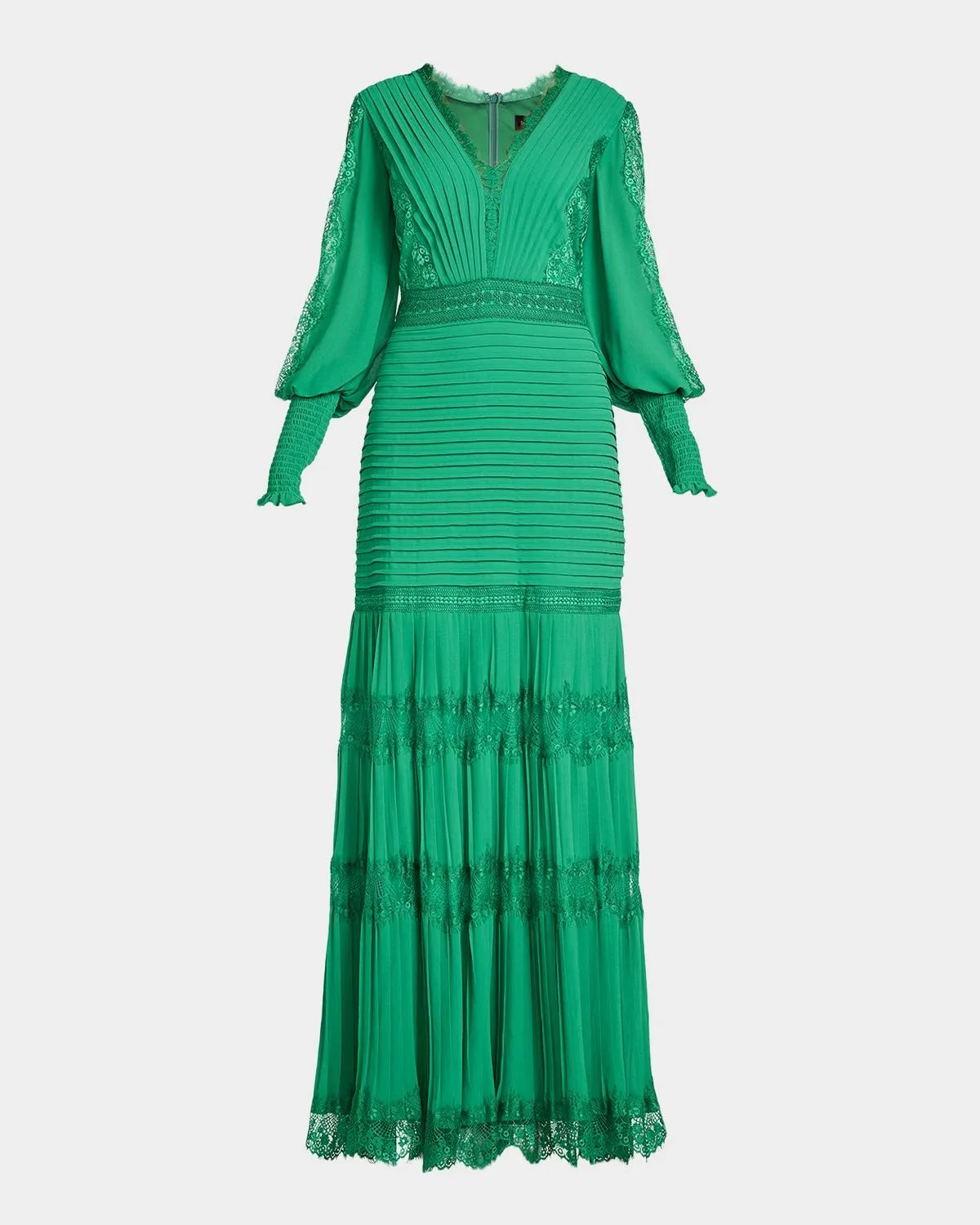 Tiered Bishop-Sleeve Pleated Lace Gown - 1