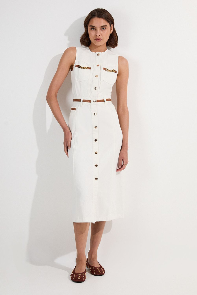 Denim & Faux Leather Tipping Sleeveless Midi Dress 1